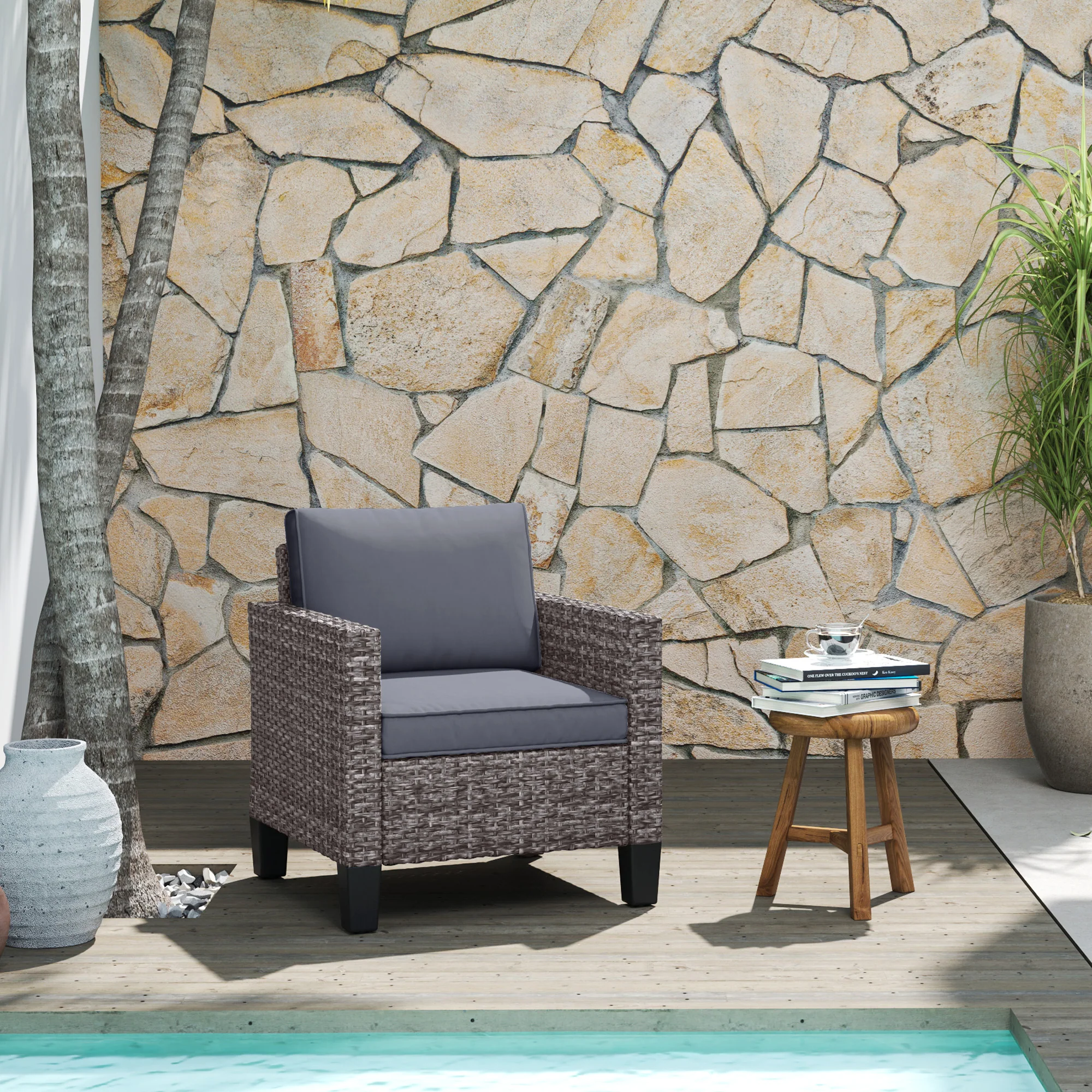 Single Seater Rattan Garden Armchair with Cushions for Patio, Porch, Dark Grey - Image 4
