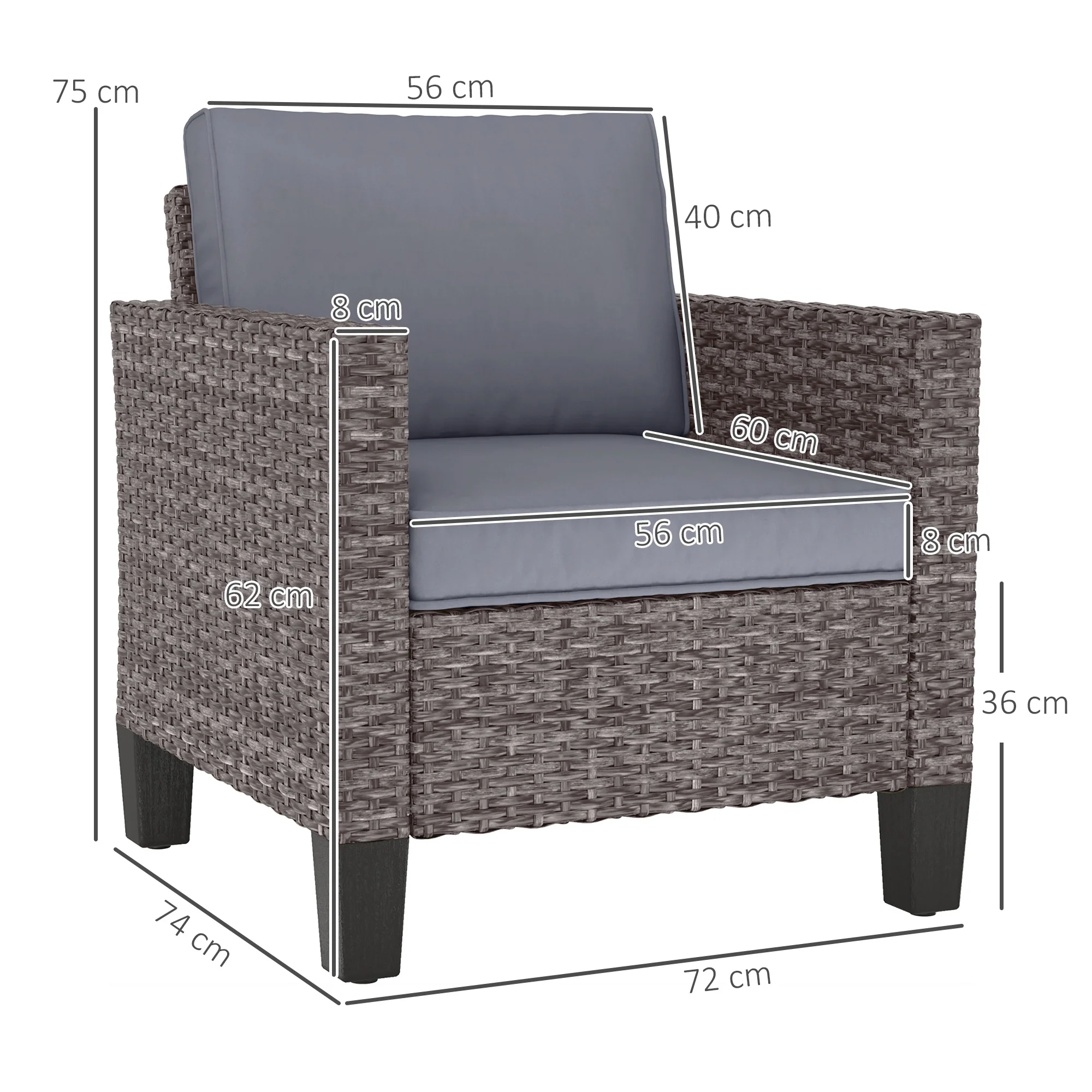 Single Seater Rattan Garden Armchair with Cushions for Patio, Porch, Dark Grey - Image 5