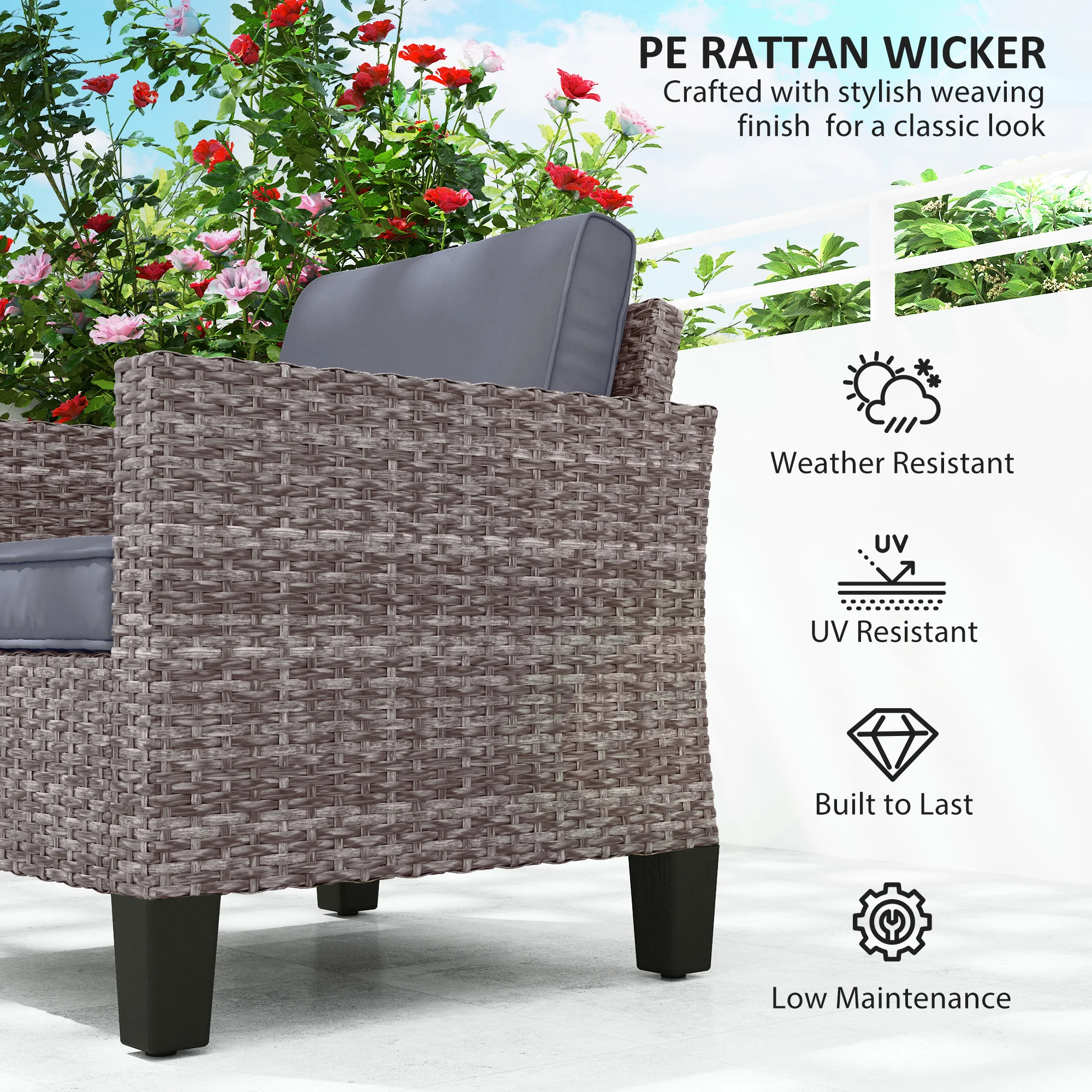 Single Seater Rattan Garden Armchair with Cushions for Patio, Porch, Dark Grey - Image 6