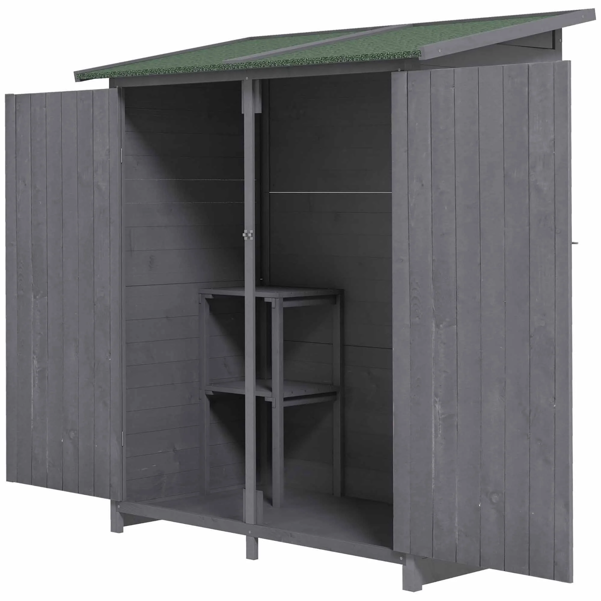 Small Wooden Tool Shed w/ Flexible Table, Asphalt Roof, Hooks & Ground Nails, 140x75x157cm, Grey - Image 12