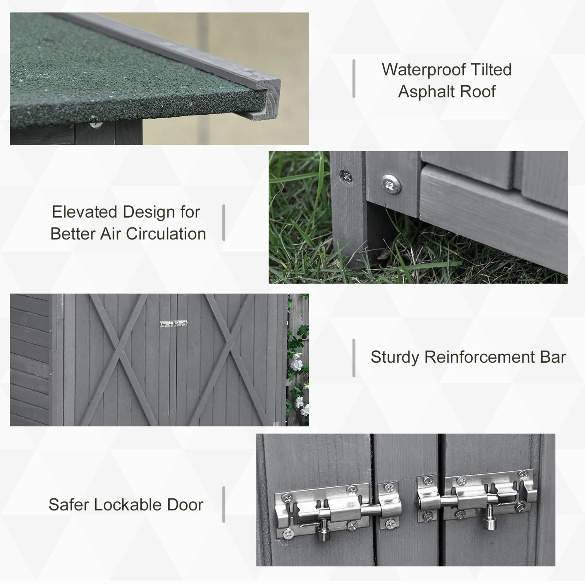 Small Wooden Tool Shed w/ Flexible Table, Asphalt Roof, Hooks & Ground Nails, 140x75x157cm, Grey - Image 7