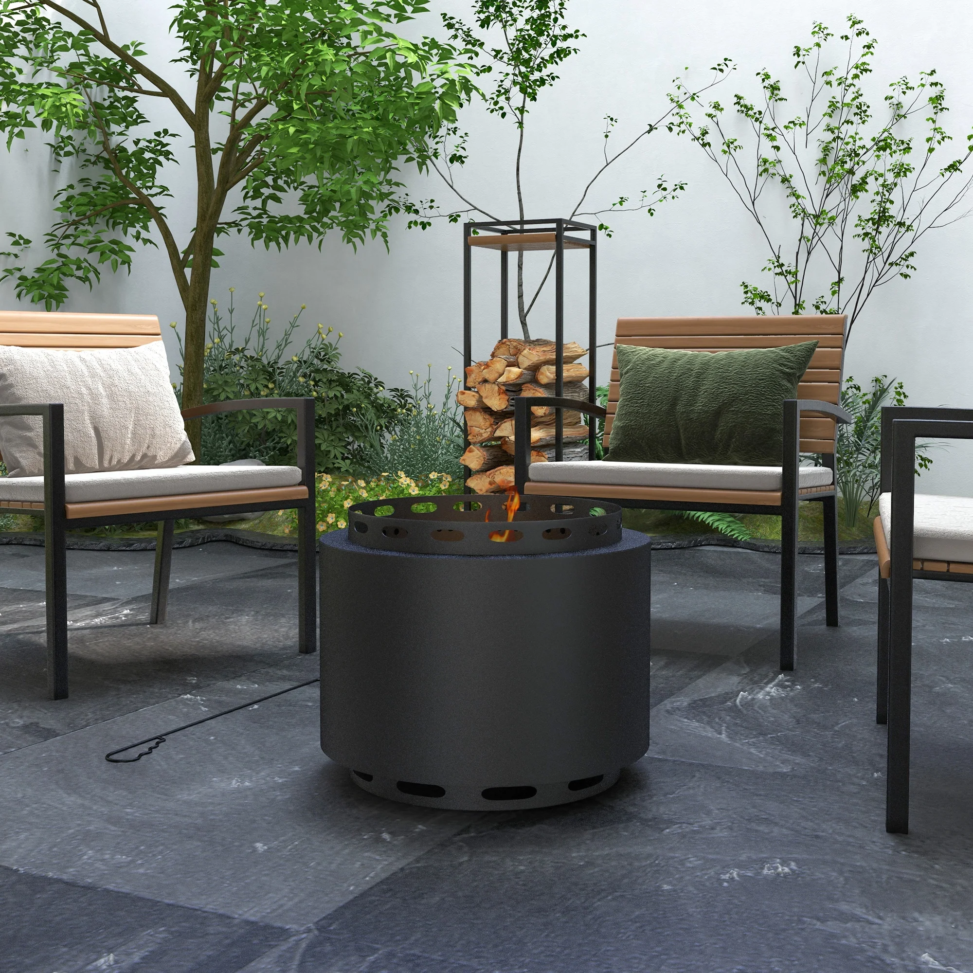 48.5cm Portable Wood Burning Firepit with Poker for Garden Camping, Metal, Black - Image 3