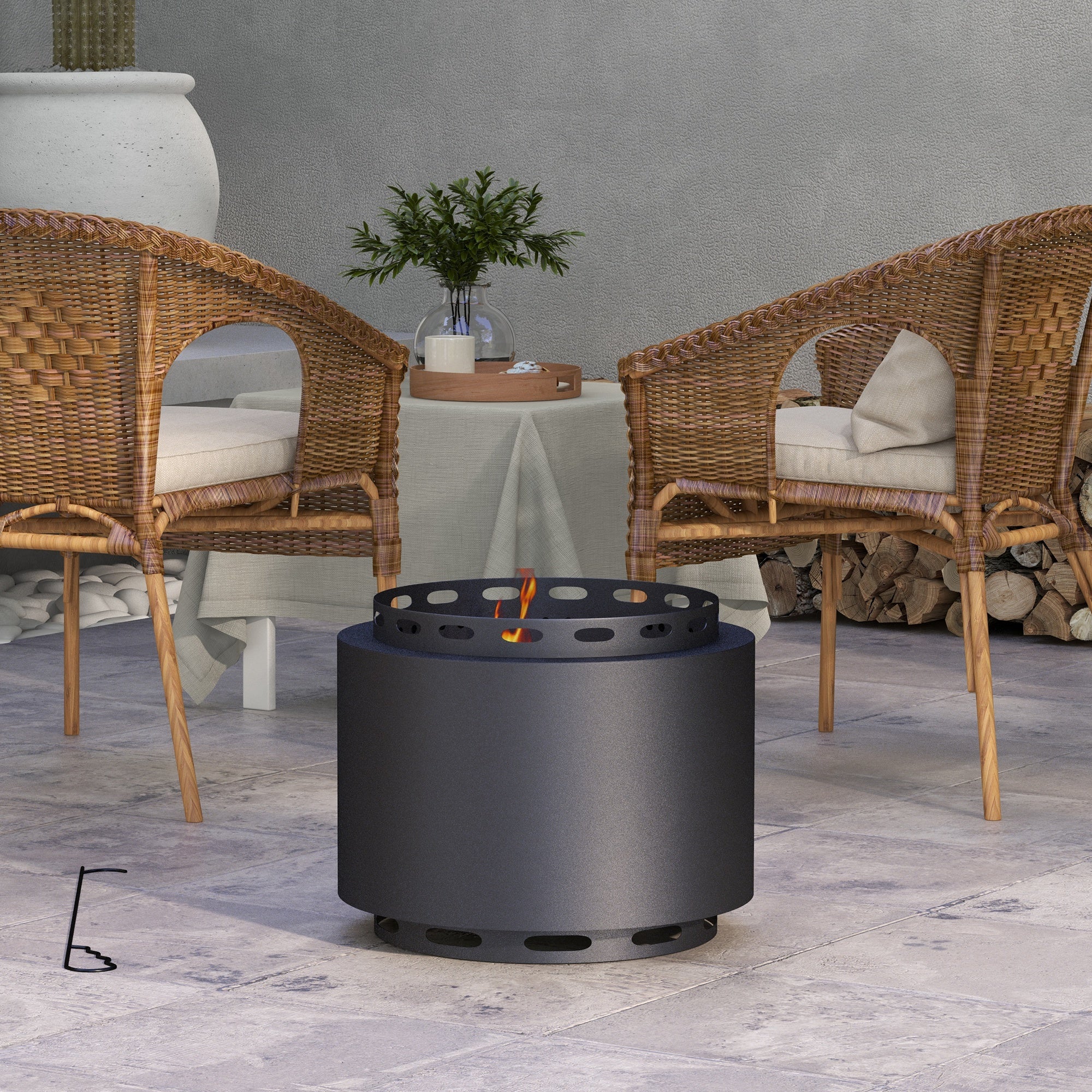 48.5cm Portable Wood Burning Firepit with Poker for Garden Camping, Metal, Black - Image 4