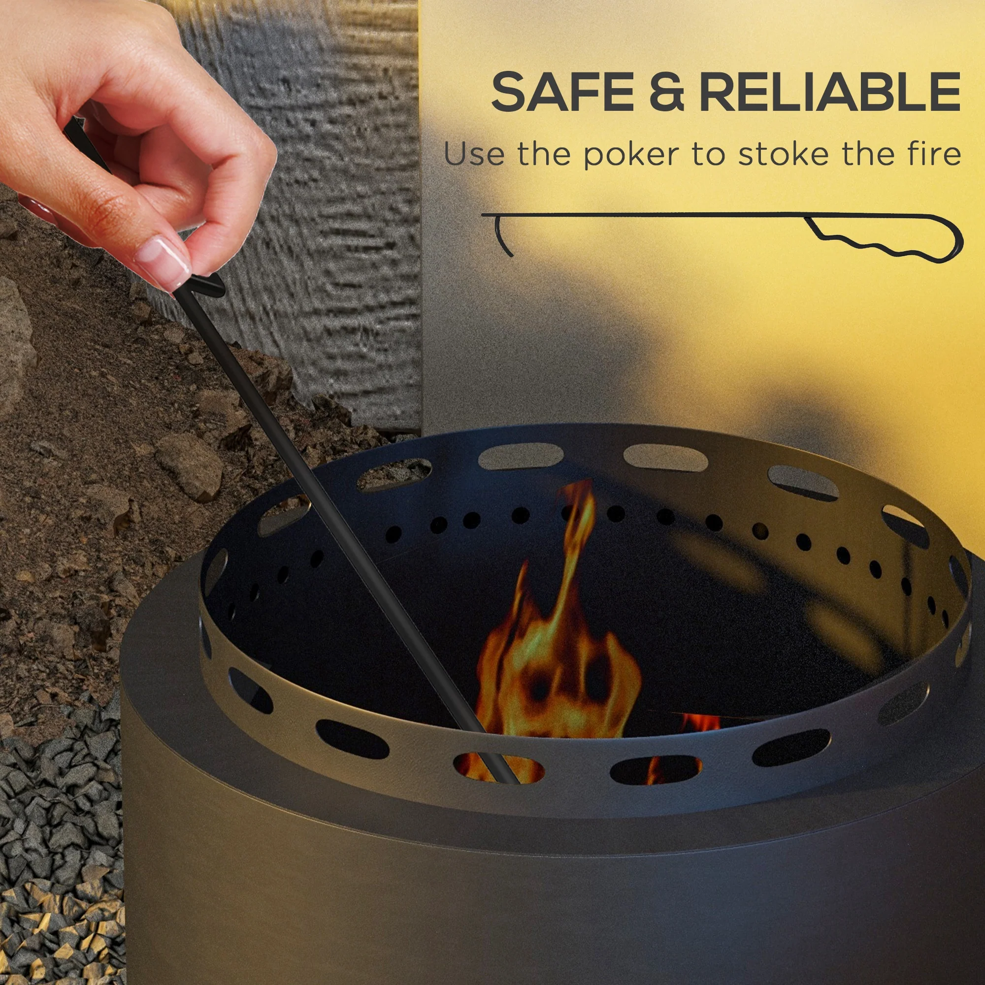 48.5cm Portable Wood Burning Firepit with Poker for Garden Camping, Metal, Black - Image 7