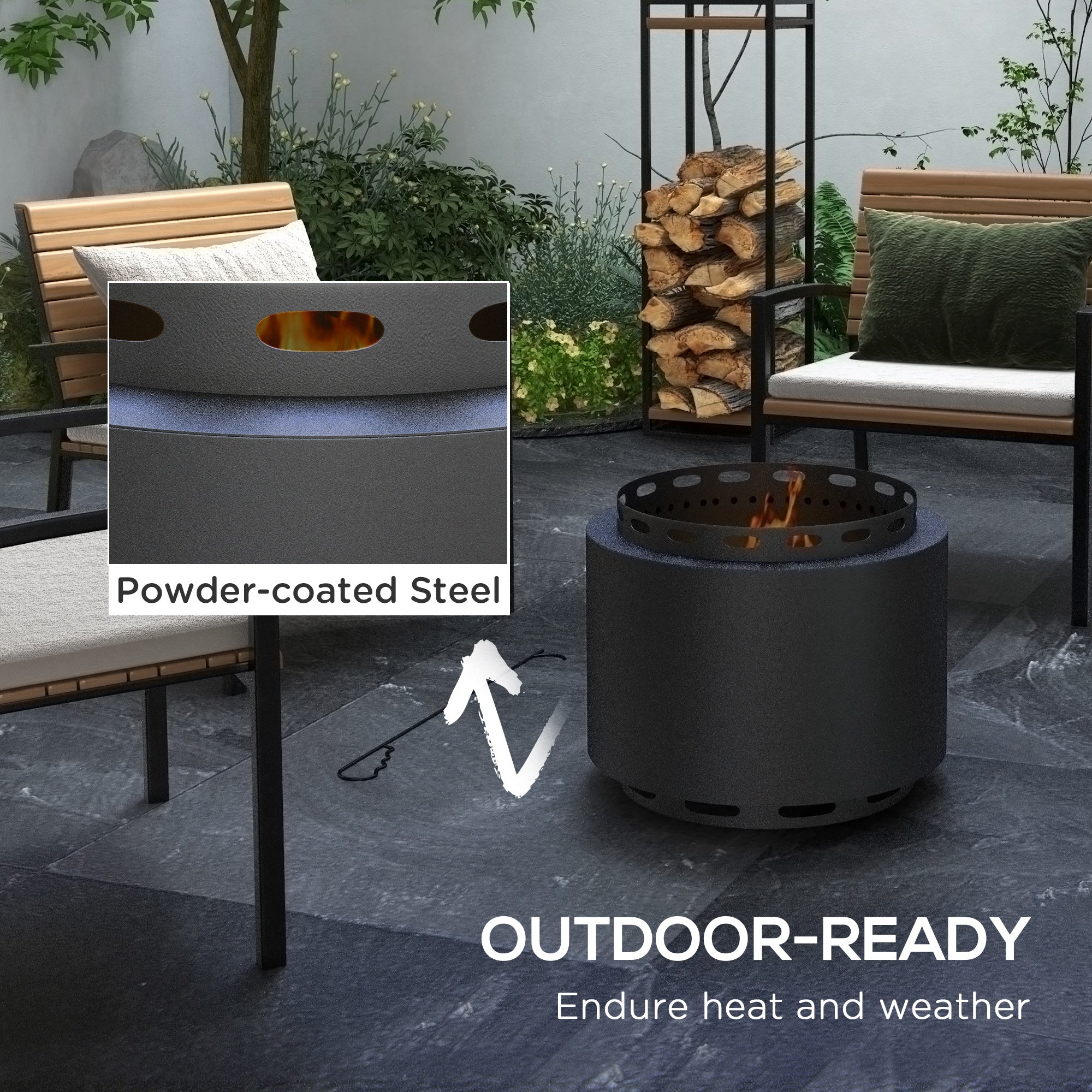 48.5cm Portable Wood Burning Firepit with Poker for Garden Camping, Metal, Black - Image 8