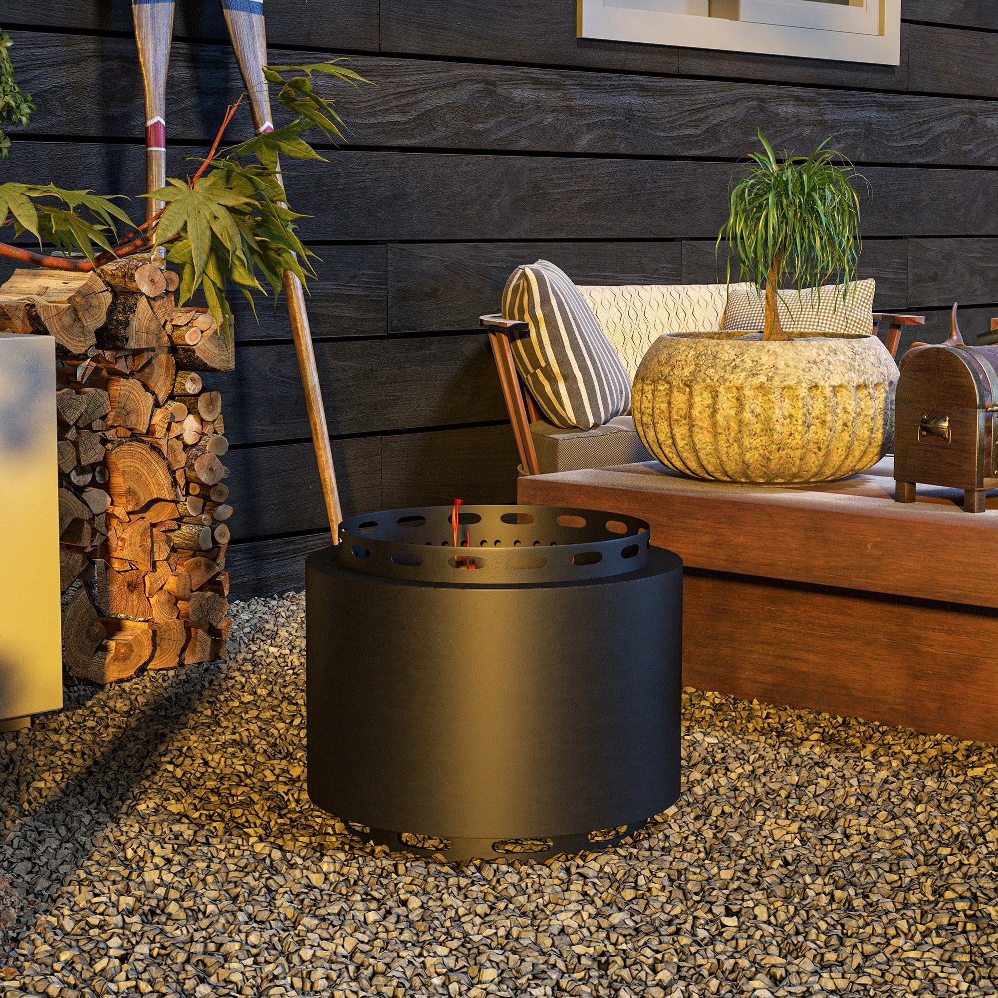 48.5cm Portable Wood Burning Firepit with Poker for Garden Camping, Metal, Black - Image 9