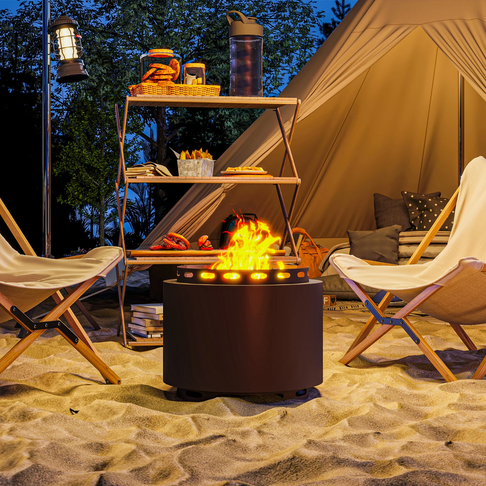 48.5cm Portable Wood Burning Firepit with Poker for Camping, Bonfire Party, Dark Grey - Image 4