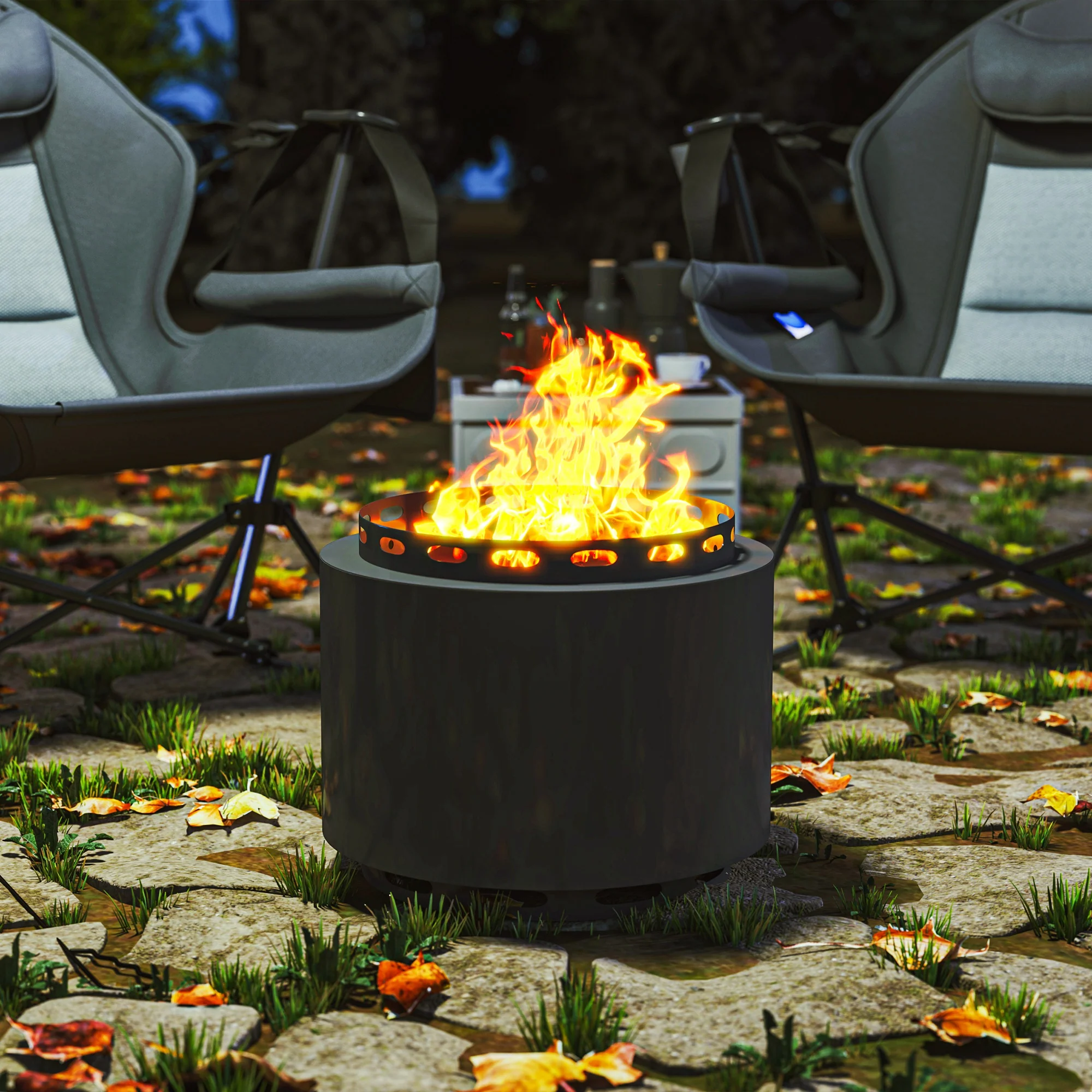 48.5cm Portable Wood Burning Firepit with Poker for Camping, Bonfire Party, Dark Grey - Image 9
