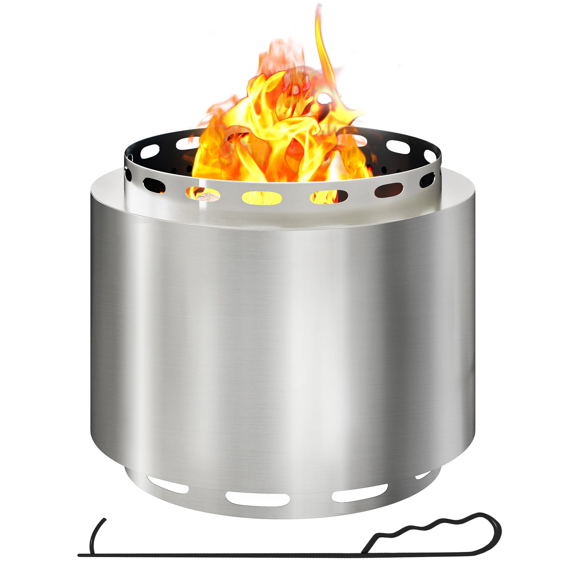 48.5cm Portable Wood Burning Firepit with Poker for Garden Camping, Stainless Steel, Silver