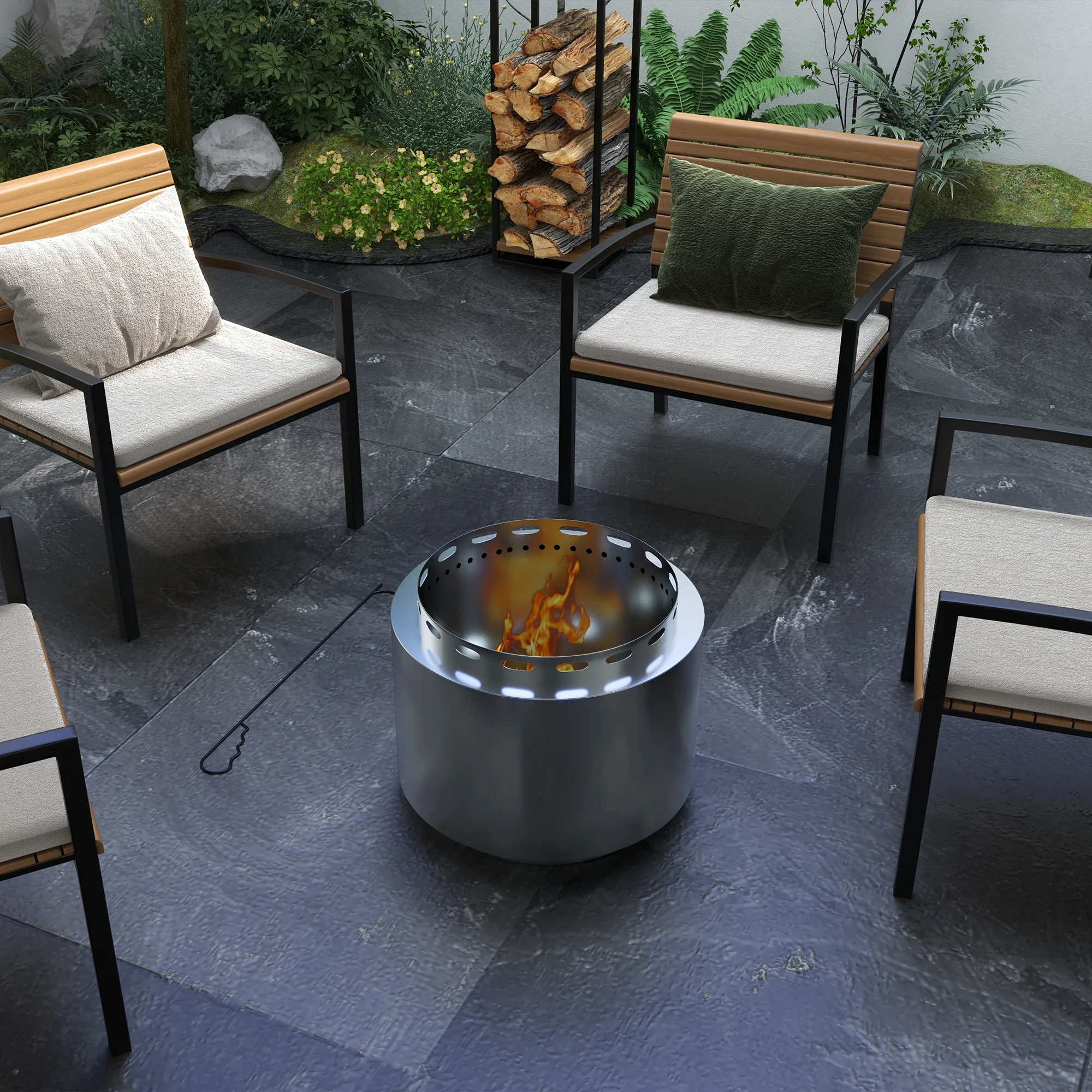 48.5cm Portable Wood Burning Firepit with Poker for Garden Camping, Stainless Steel, Silver - Image 10