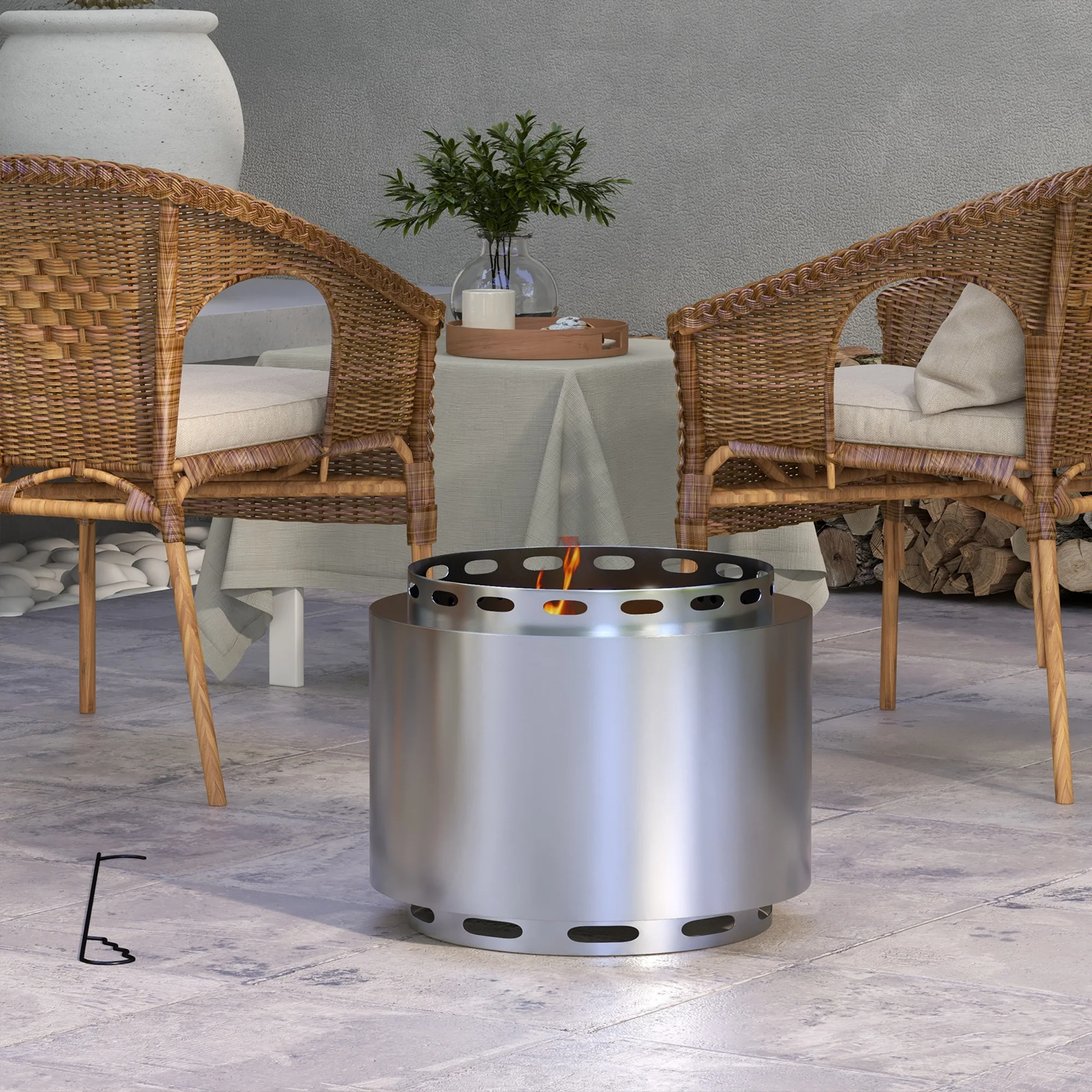 48.5cm Portable Wood Burning Firepit with Poker for Garden Camping, Stainless Steel, Silver - Image 3