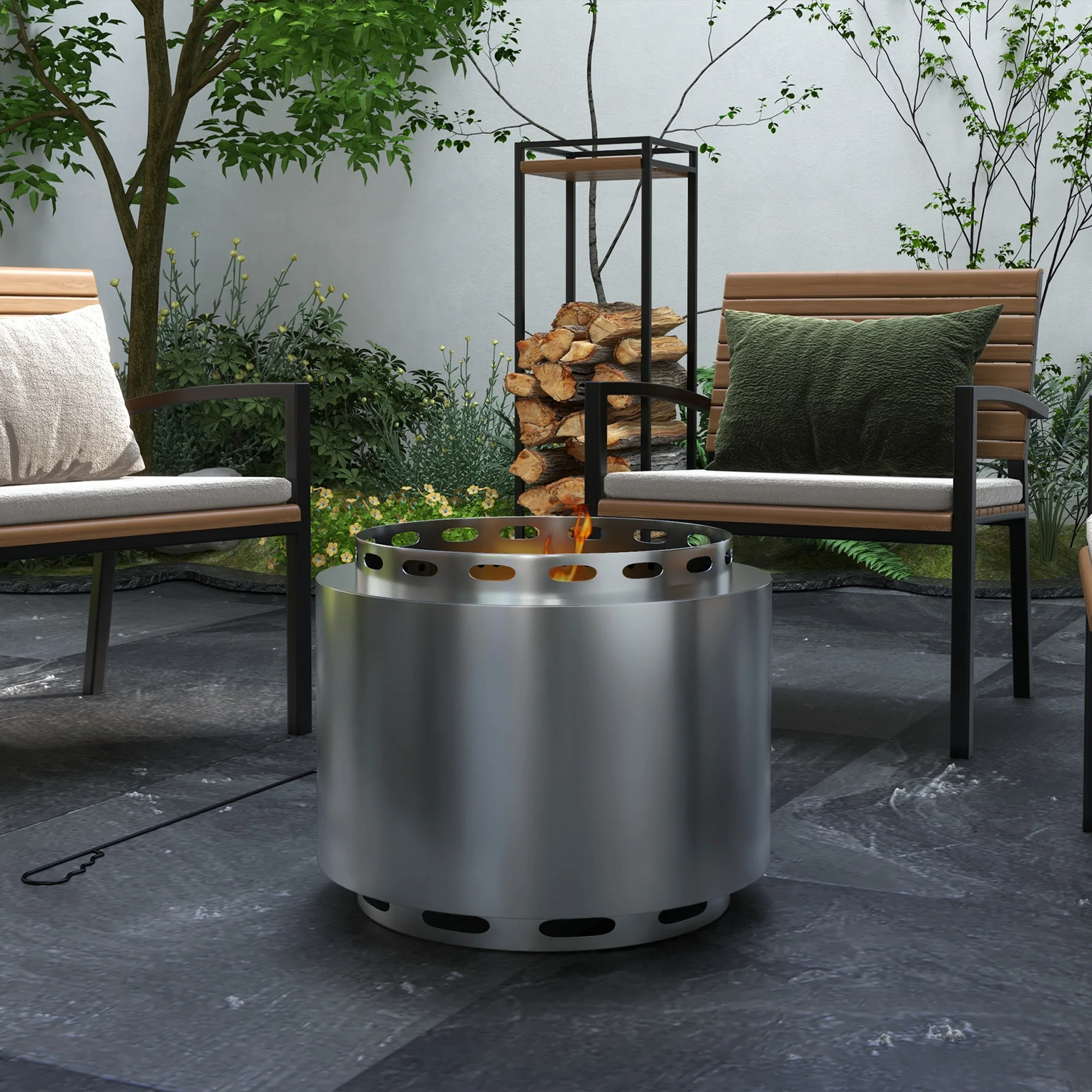 48.5cm Portable Wood Burning Firepit with Poker for Garden Camping, Stainless Steel, Silver - Image 4