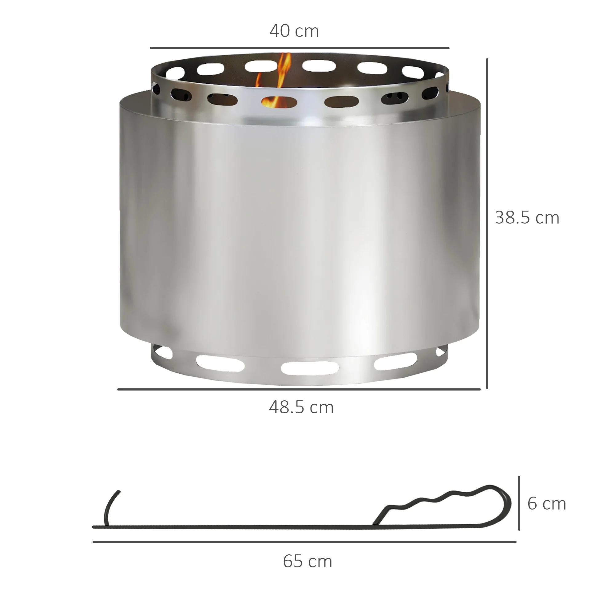 48.5cm Portable Wood Burning Firepit with Poker for Garden Camping, Stainless Steel, Silver - Image 5