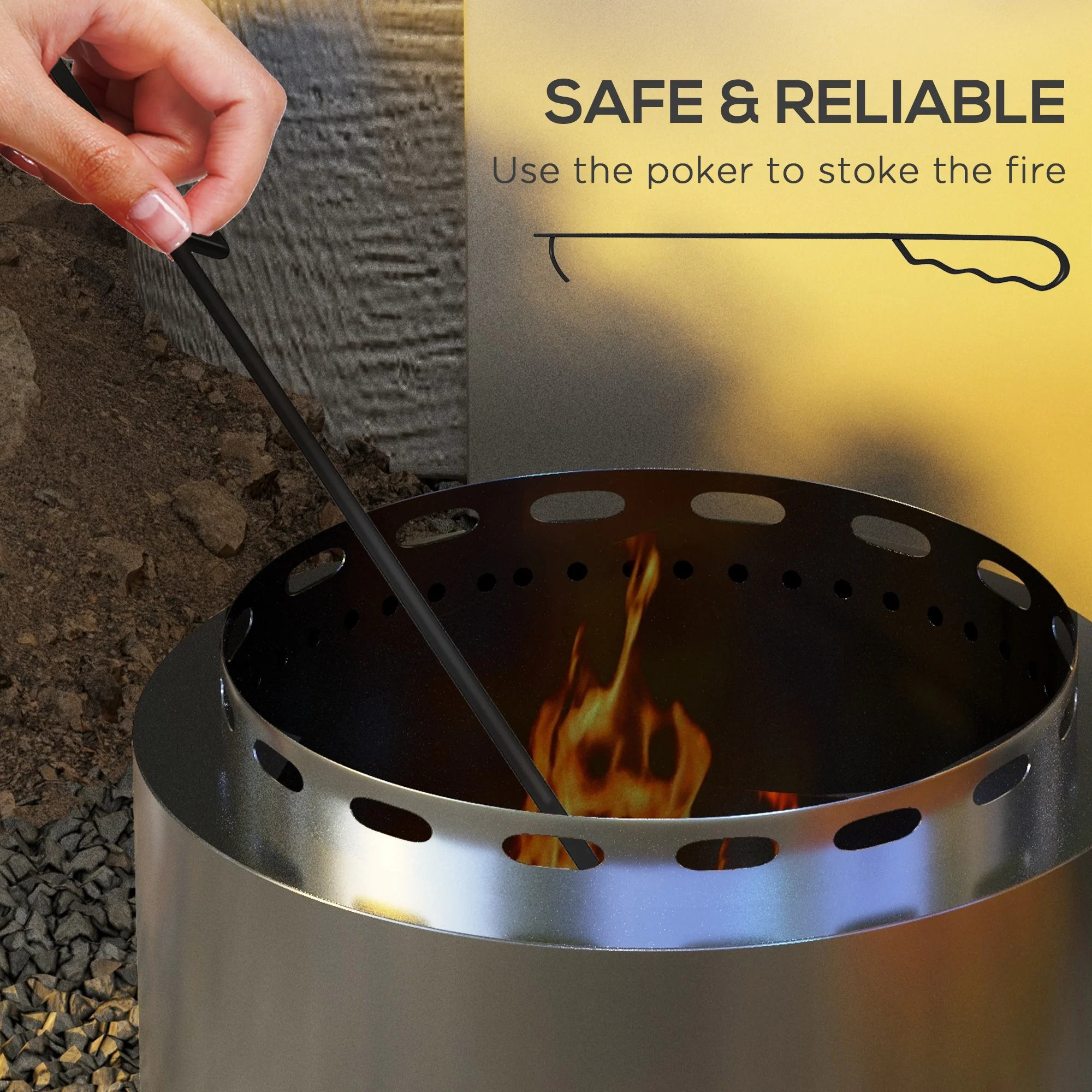 48.5cm Portable Wood Burning Firepit with Poker for Garden Camping, Stainless Steel, Silver - Image 7