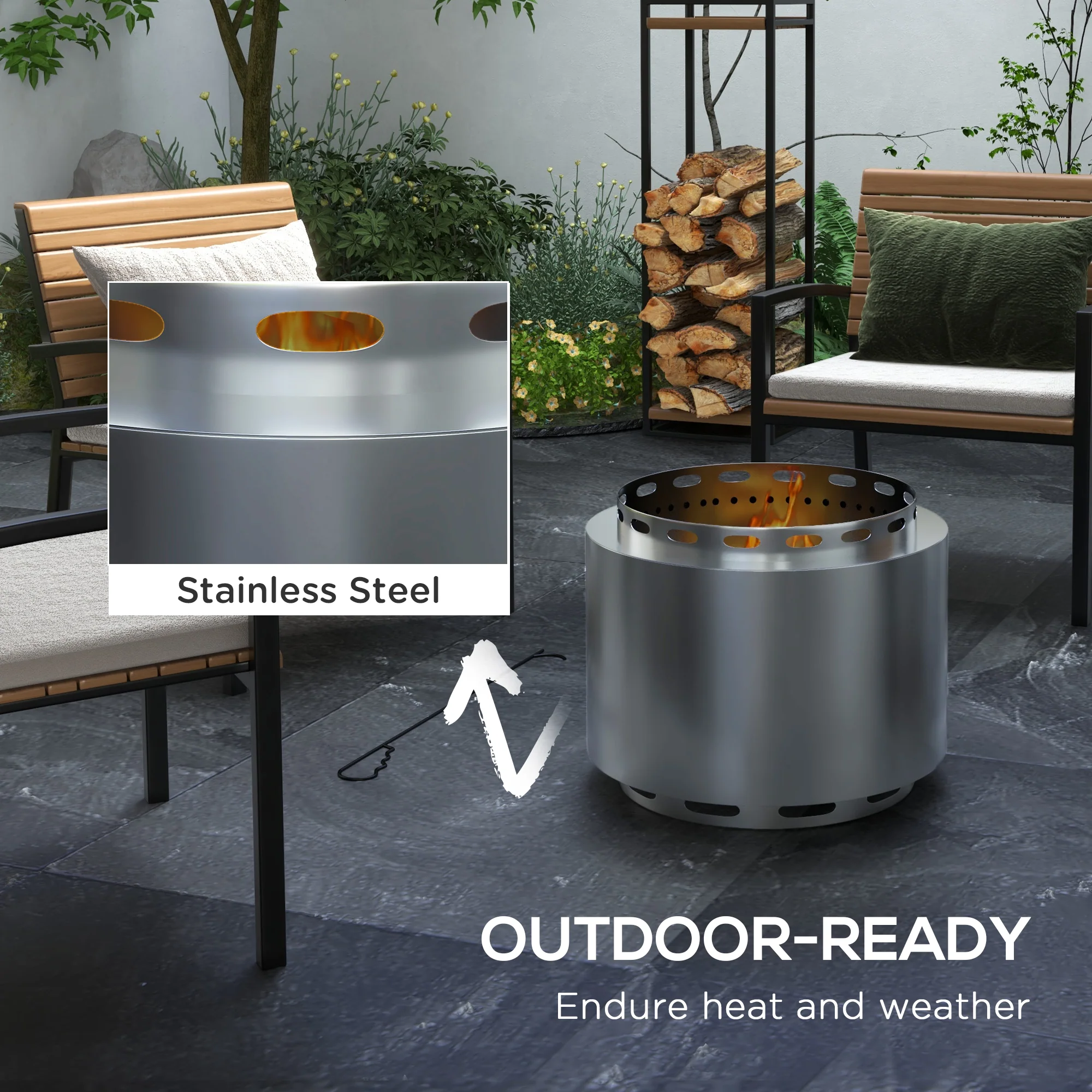 48.5cm Portable Wood Burning Firepit with Poker for Garden Camping, Stainless Steel, Silver - Image 8
