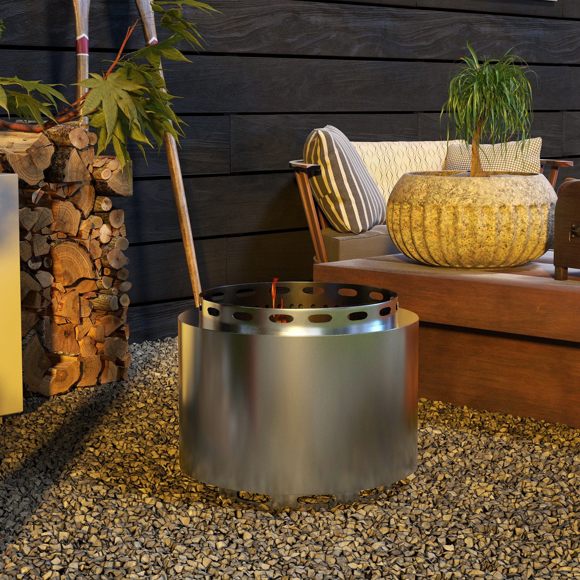 48.5cm Portable Wood Burning Firepit with Poker for Garden Camping, Stainless Steel, Silver - Image 9