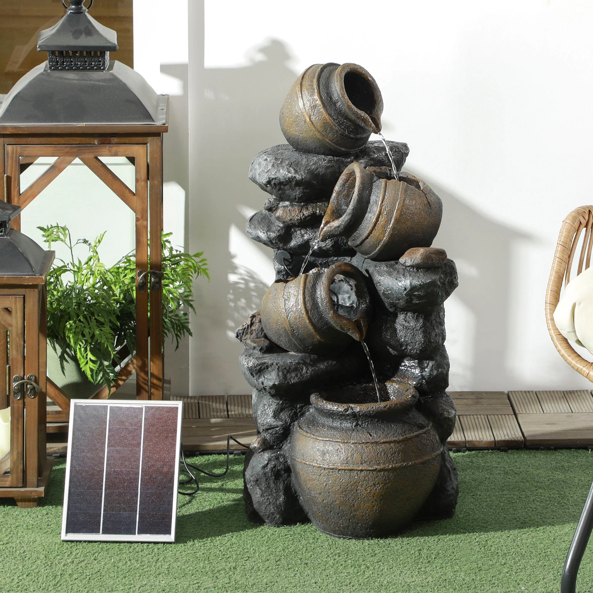 Solar Powered Garden Water Feature w/ LED Lights, Pump & Jars Waterfall Ornament, 72cm Height - Image 4