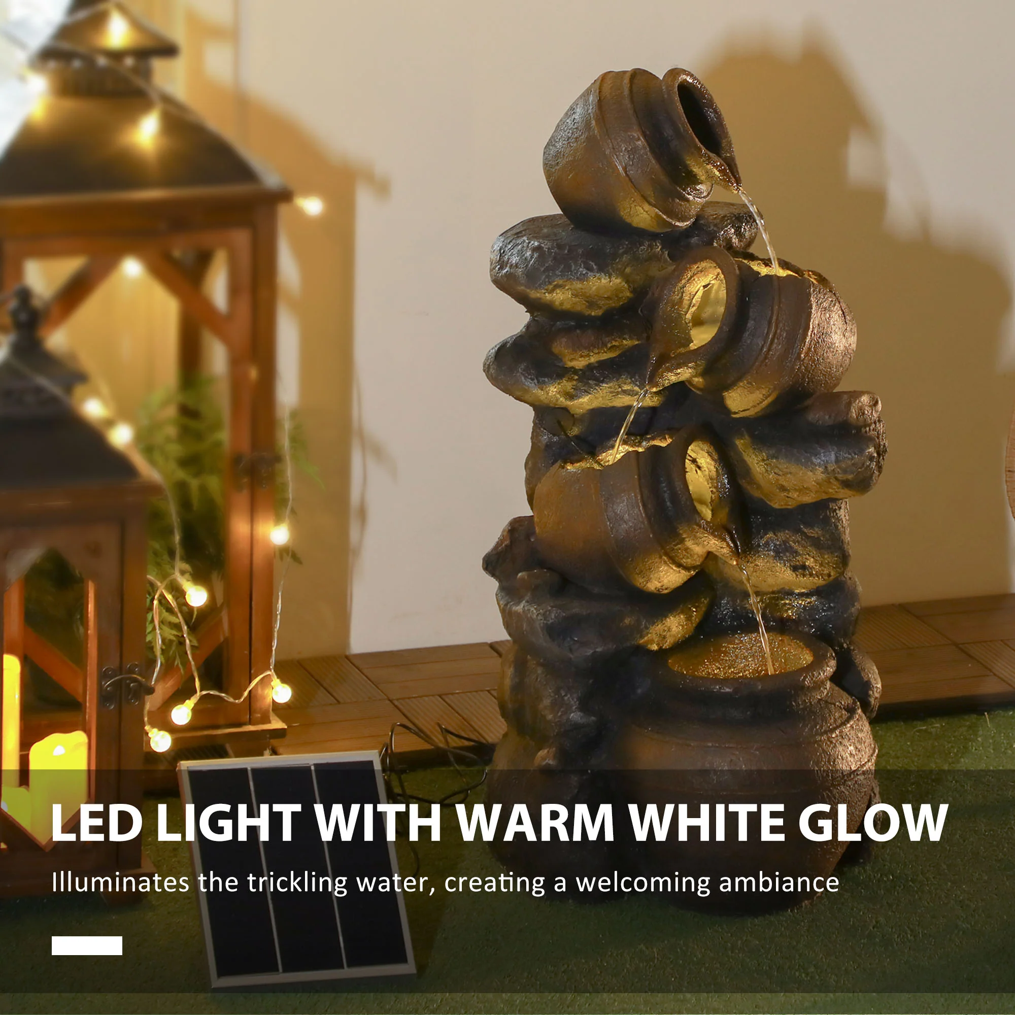 Solar Powered Garden Water Feature w/ LED Lights, Pump & Jars Waterfall Ornament, 72cm Height - Image 6