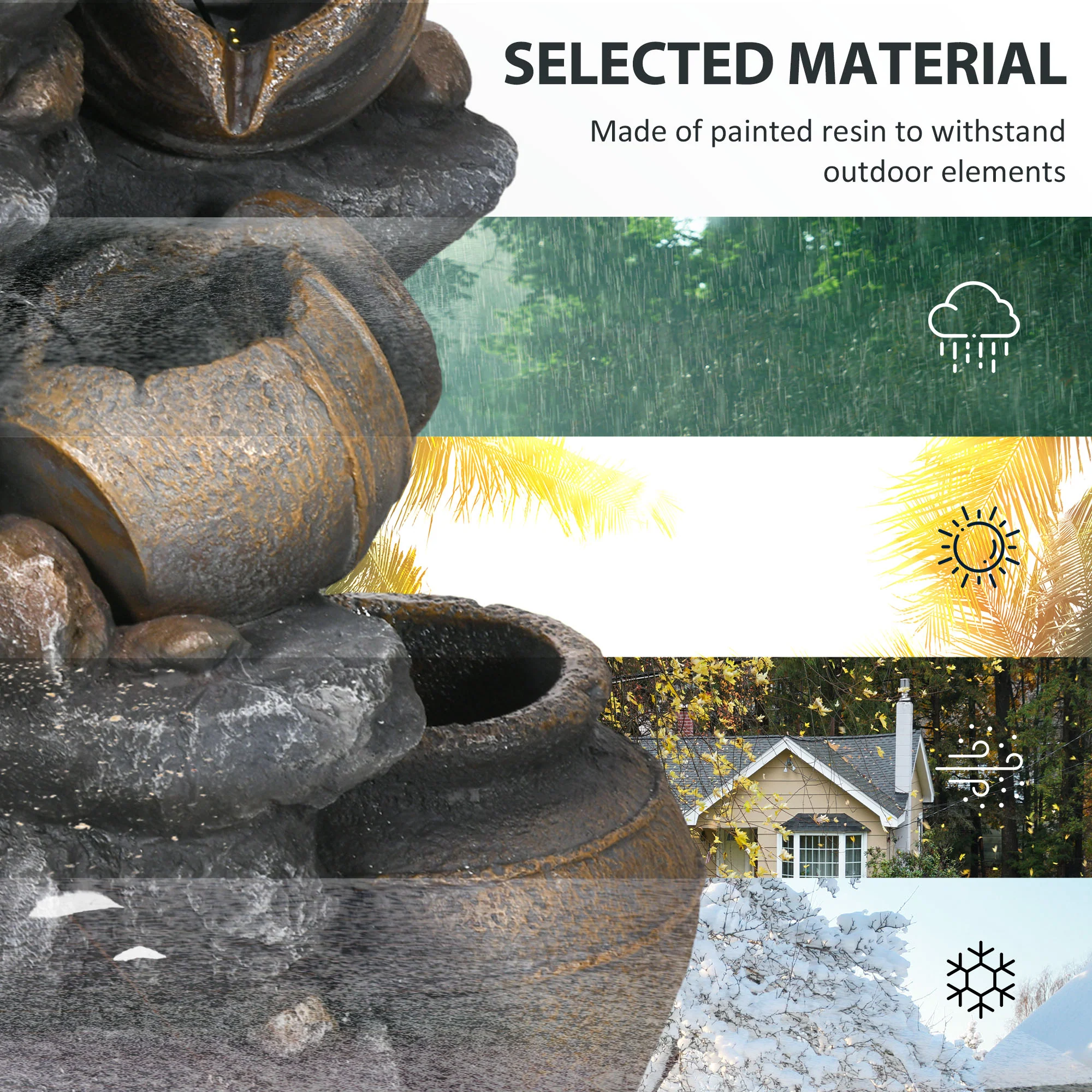 Solar Powered Garden Water Feature w/ LED Lights, Pump & Jars Waterfall Ornament, 72cm Height - Image 9