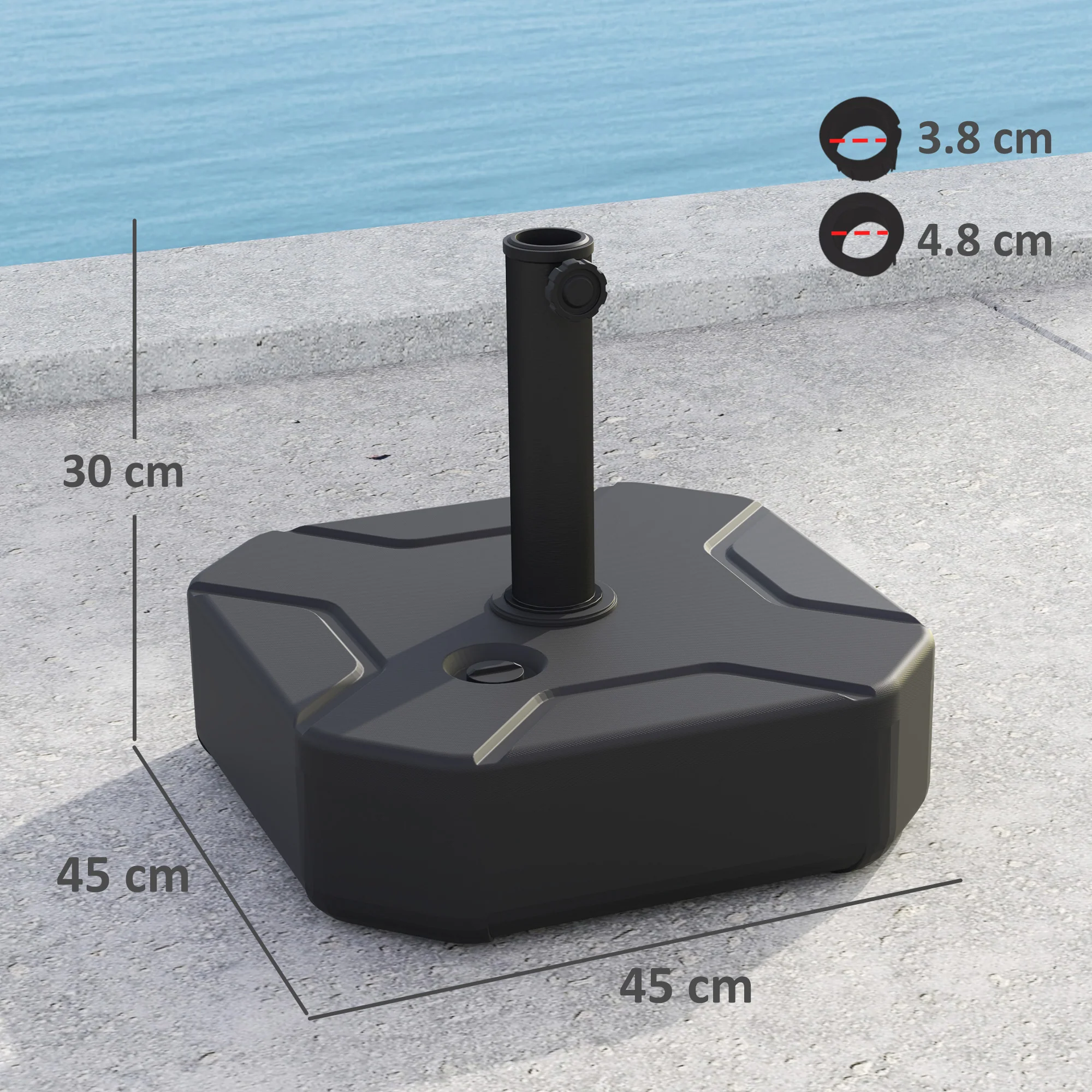 Square Parasol Base for 38, 48 mm Poles, Filled Up to 25kg Sand or 20kg Water, Black - Image 5