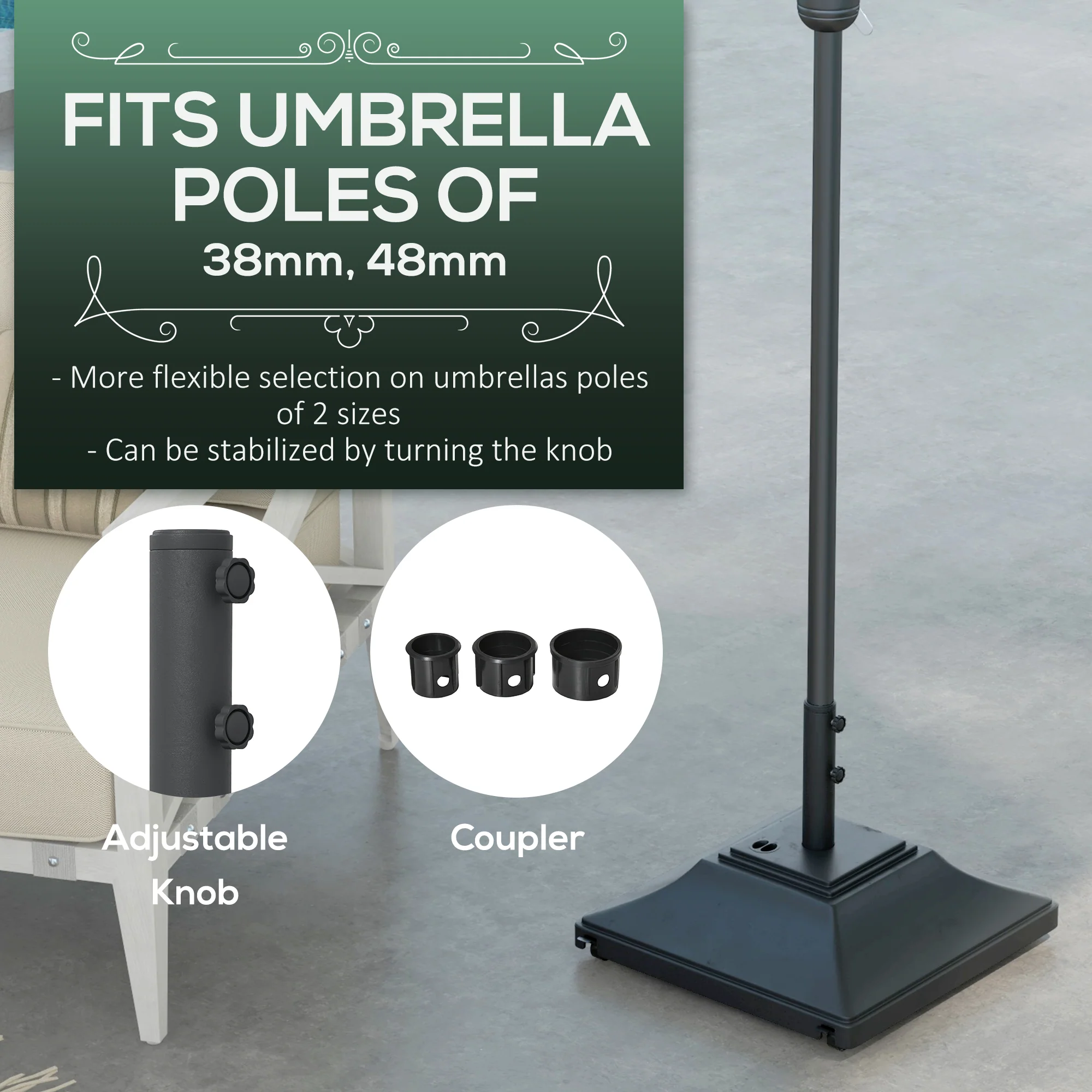 Square Parasol Base w/ Wheels & Double Adjustable Knob, 45kg Water or 60kg Sand Filled, Black - Image 6