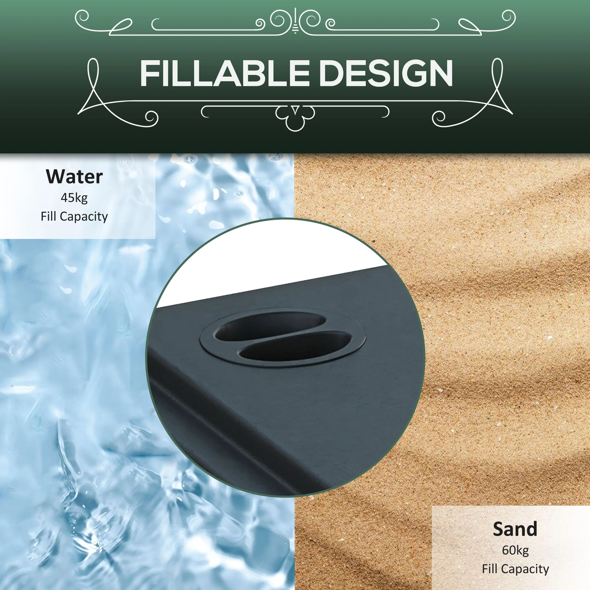 Square Parasol Base w/ Wheels & Double Adjustable Knob, 45kg Water or 60kg Sand Filled, Black - Image 7