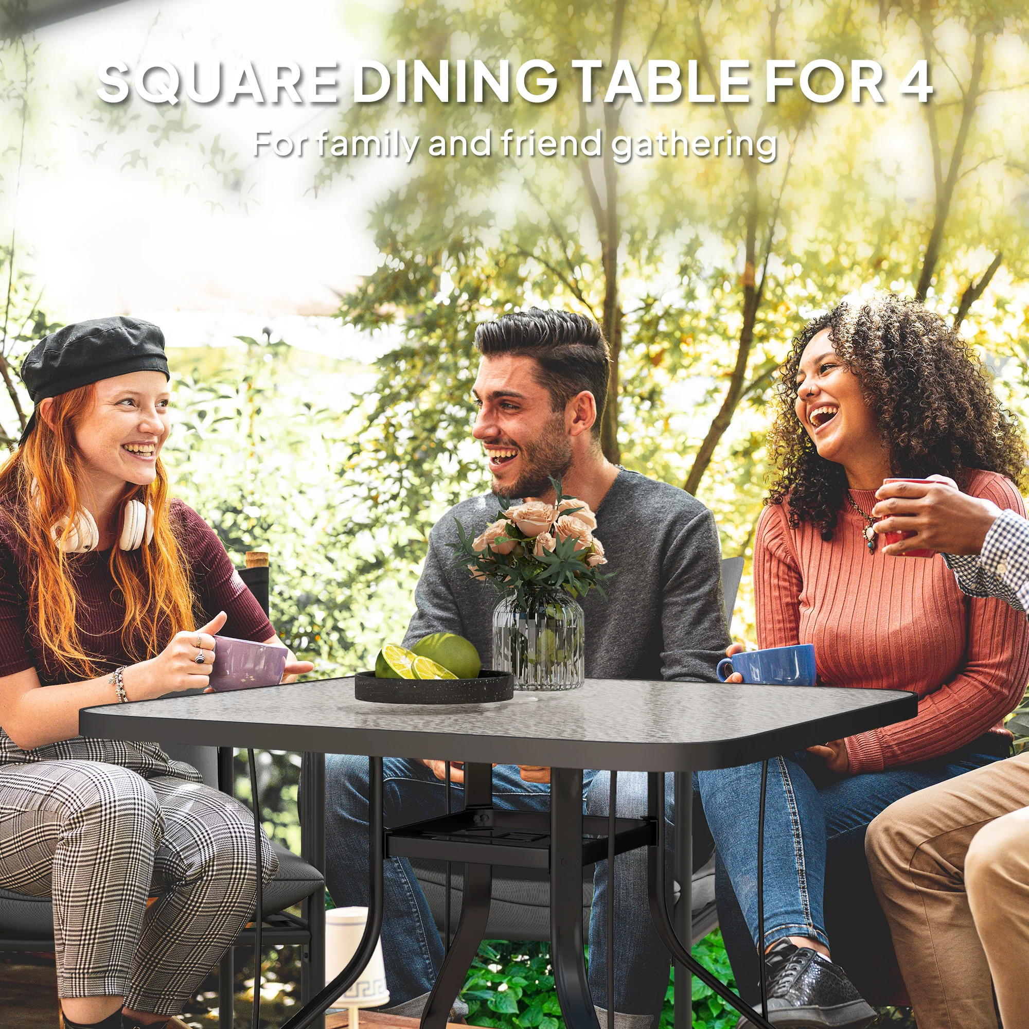 Square Patio Dining Table w/ 2.1" Umbrella Hole & Tempered Glass for Garden, Black - Image 6