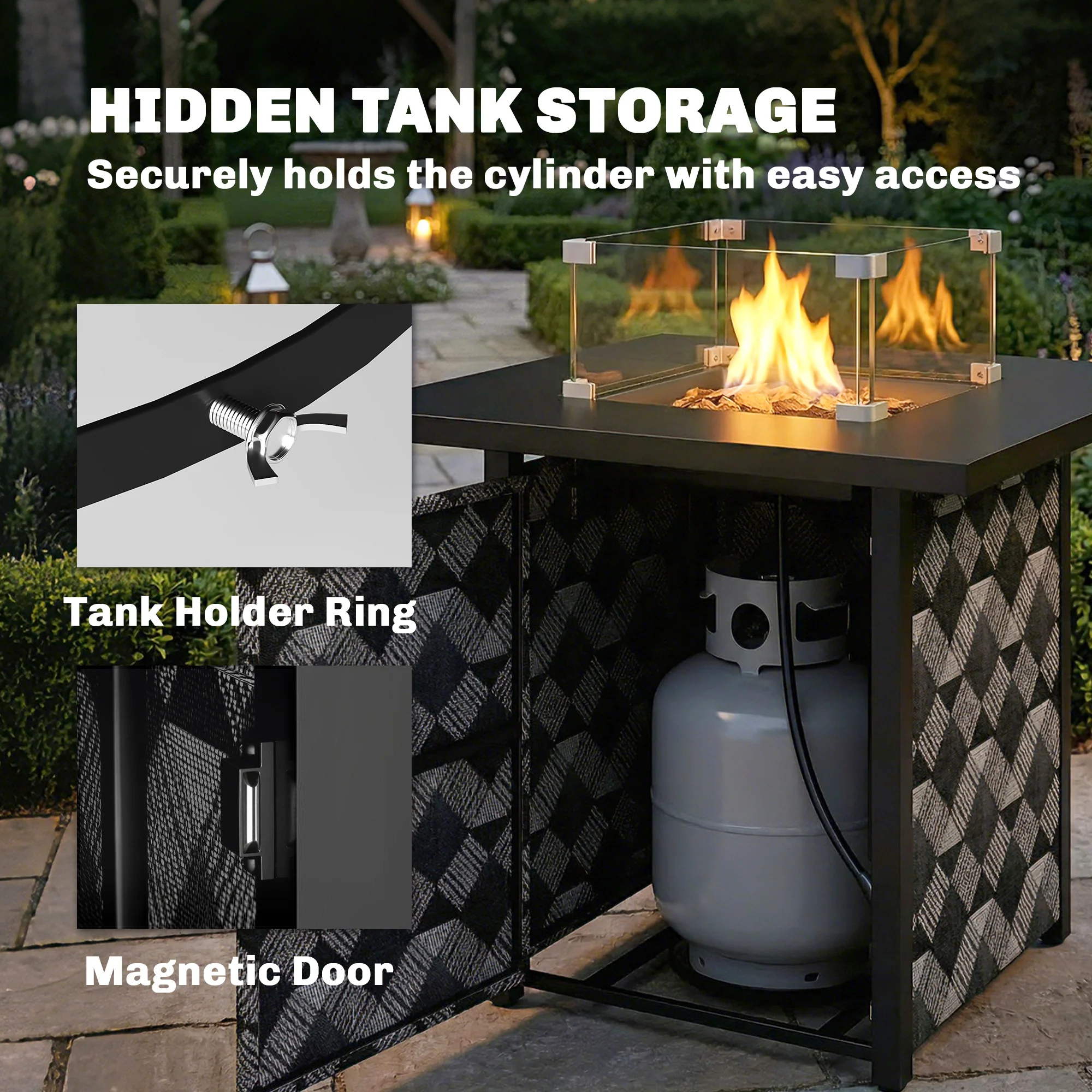12 KW Square Propane Gas Fire Pit Table with Wind Guard, Black - Image 10