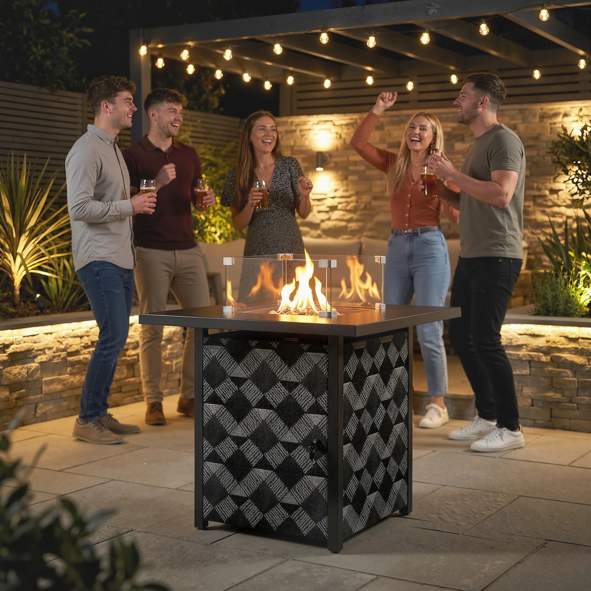 12 KW Square Propane Gas Fire Pit Table with Wind Guard, Black - Image 11