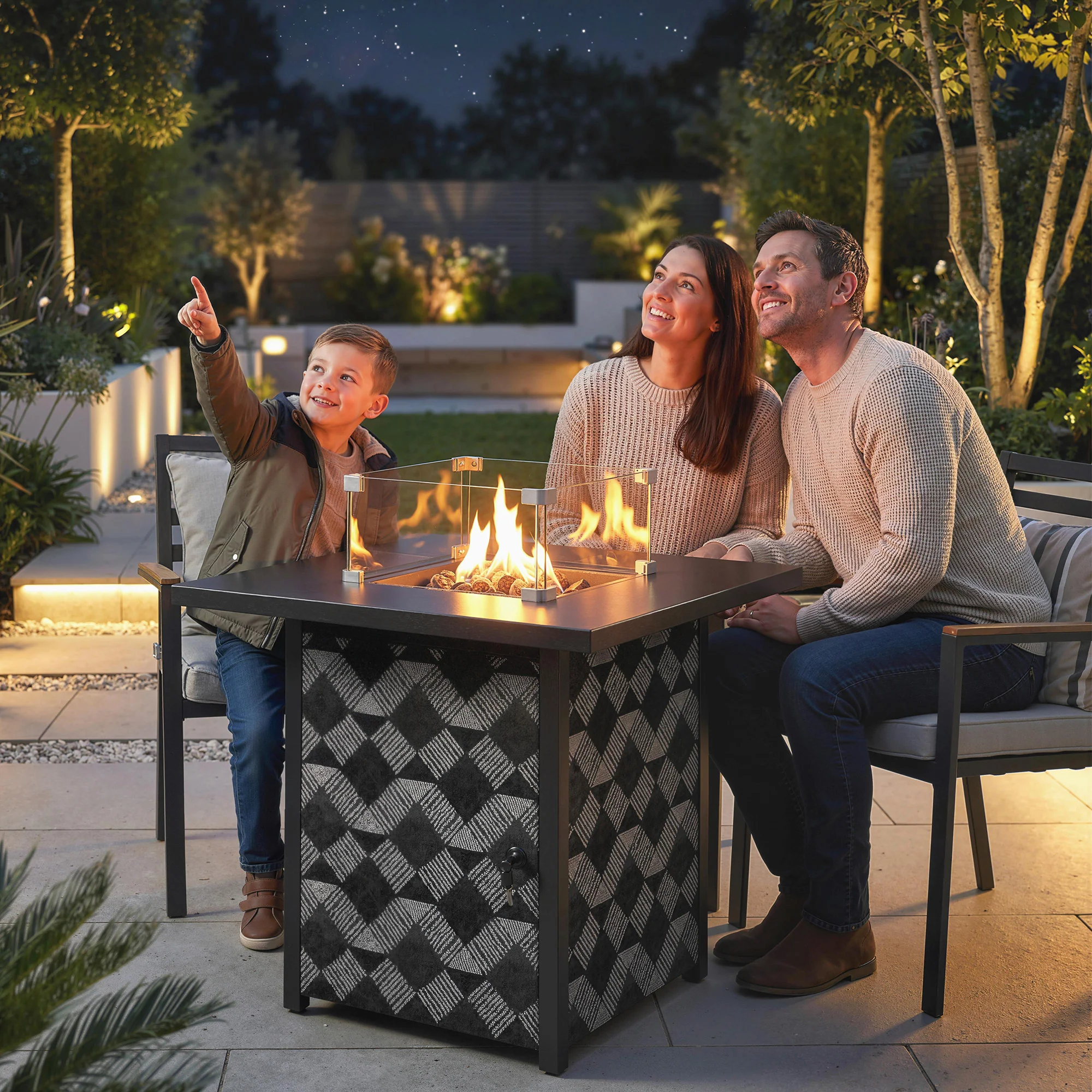 12 KW Square Propane Gas Fire Pit Table with Wind Guard, Black - Image 3