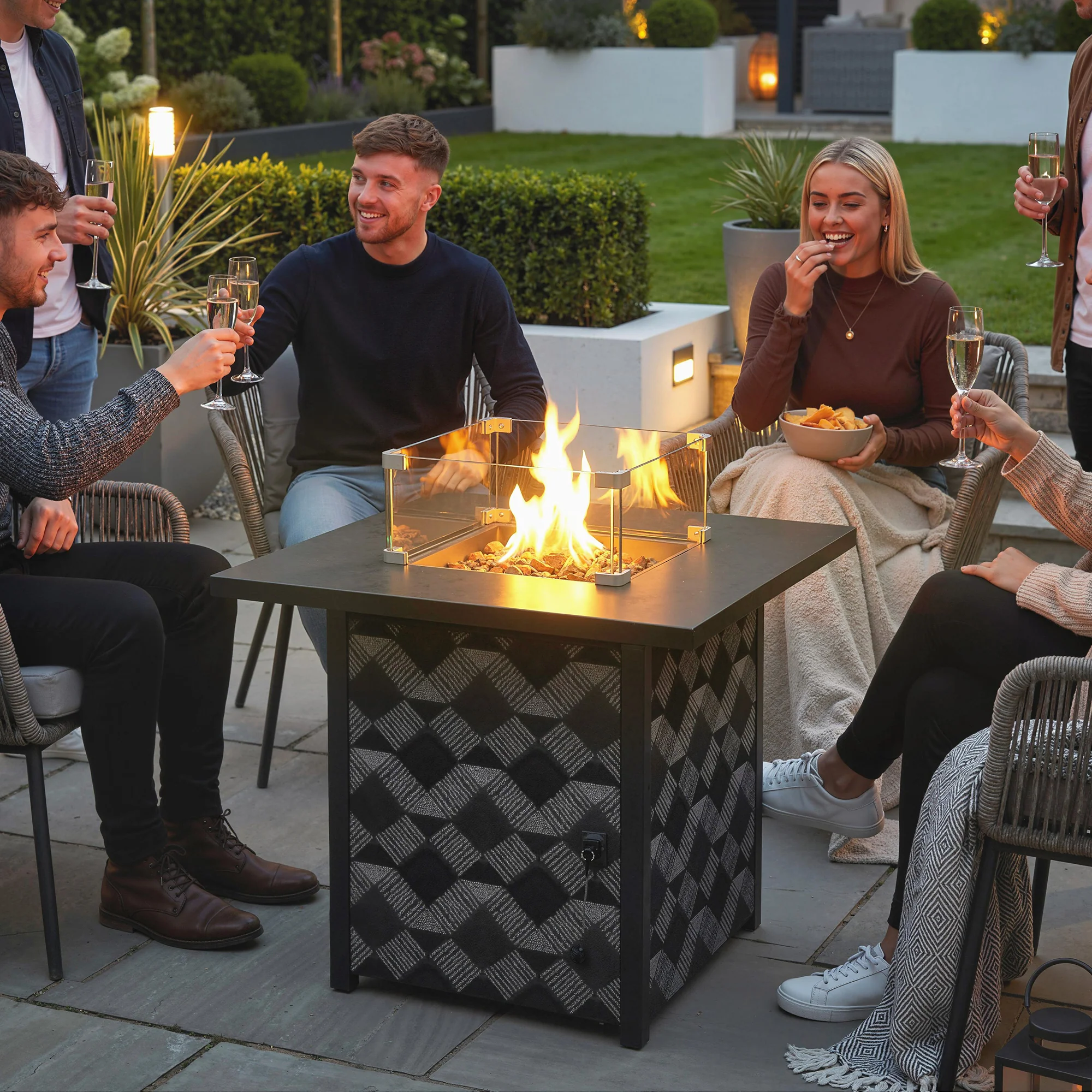 12 KW Square Propane Gas Fire Pit Table with Wind Guard, Black - Image 4