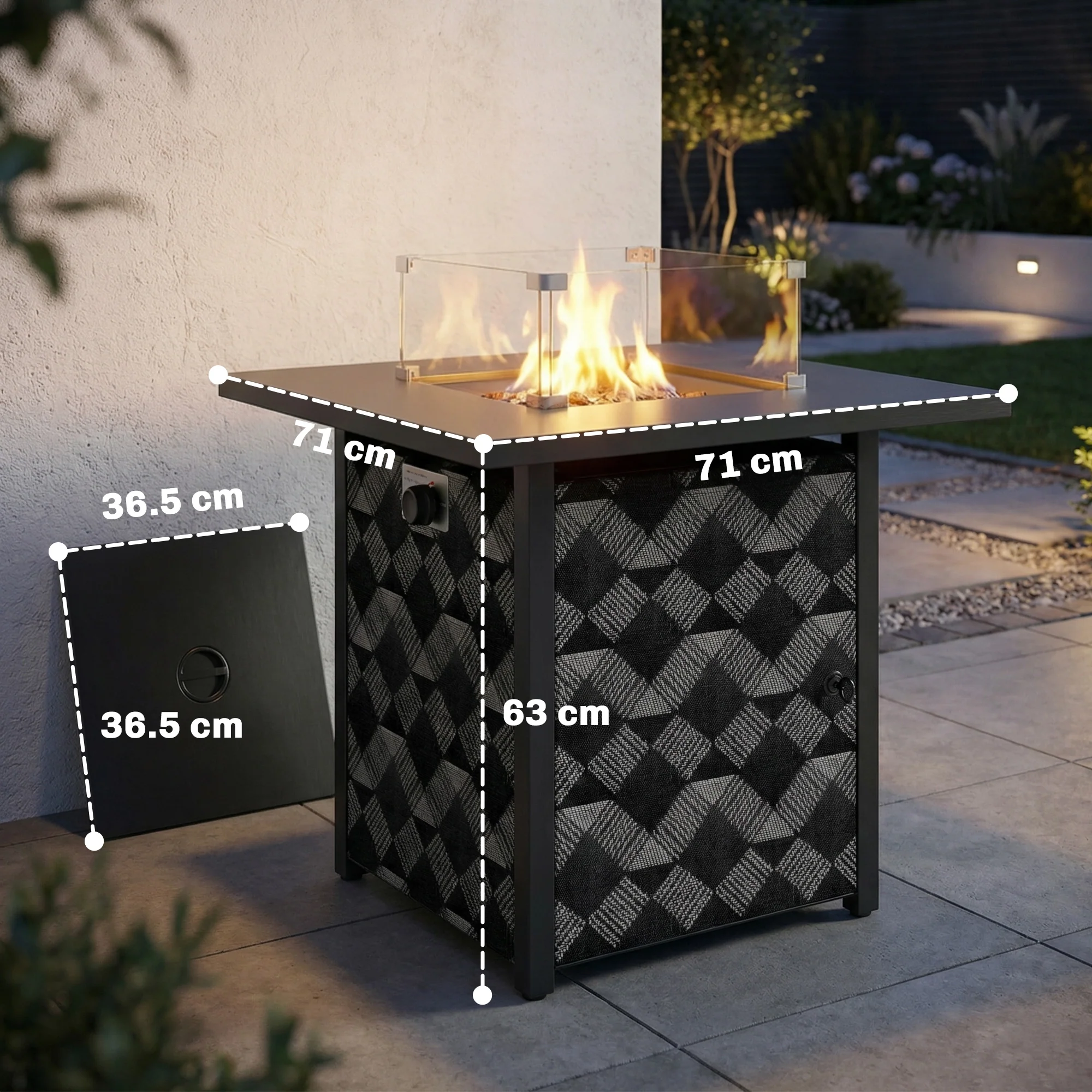 12 KW Square Propane Gas Fire Pit Table with Wind Guard, Black - Image 5