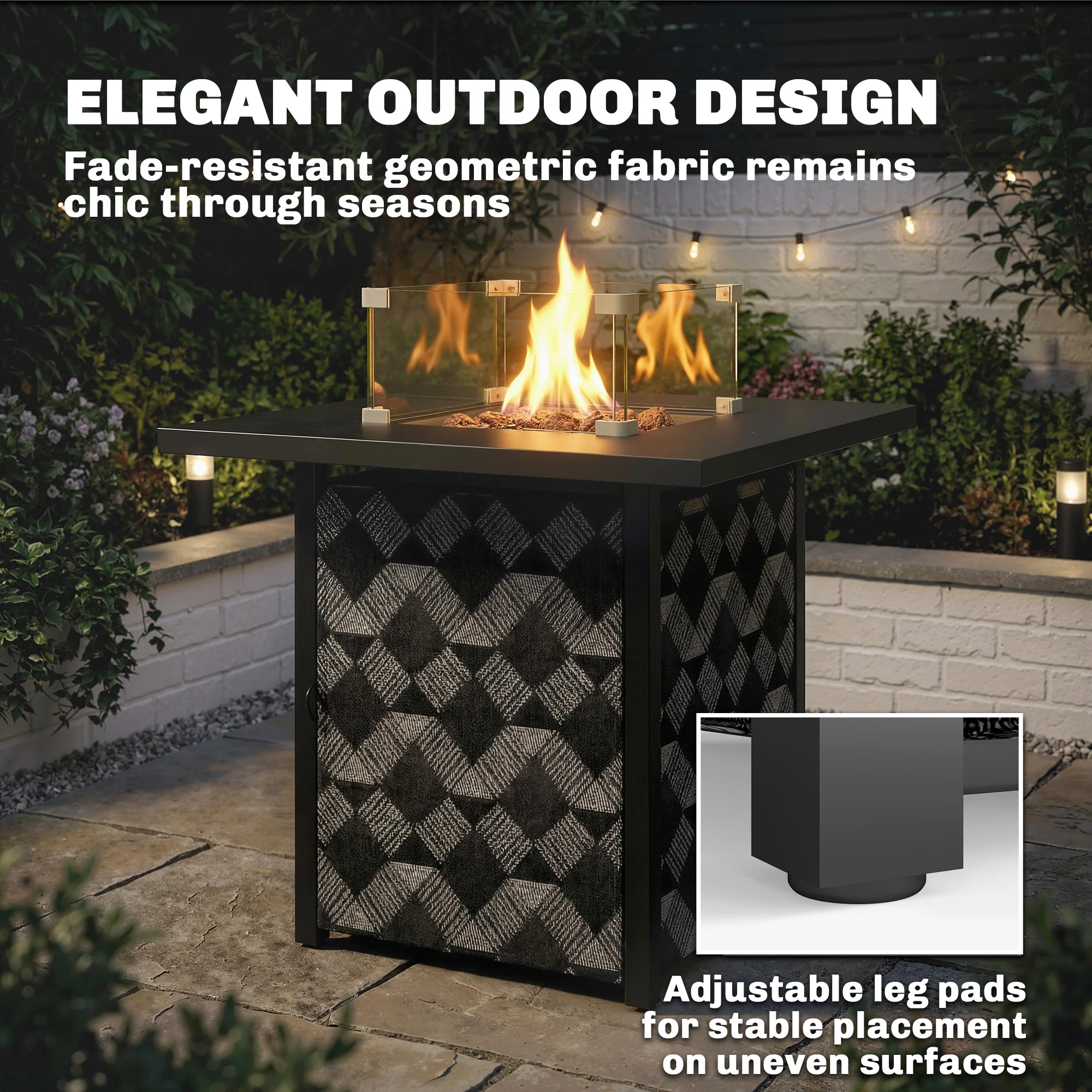 12 KW Square Propane Gas Fire Pit Table with Wind Guard, Black - Image 8