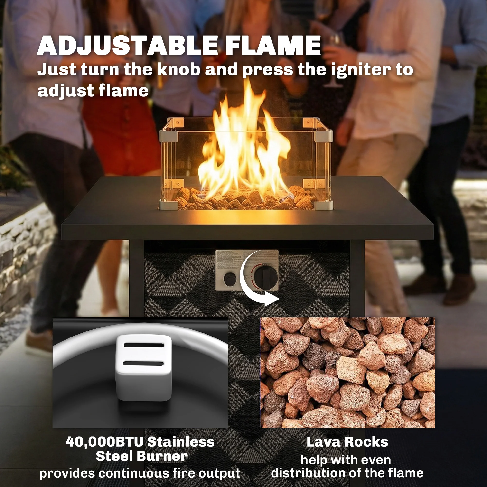 12 KW Square Propane Gas Fire Pit Table with Wind Guard, Black - Image 9