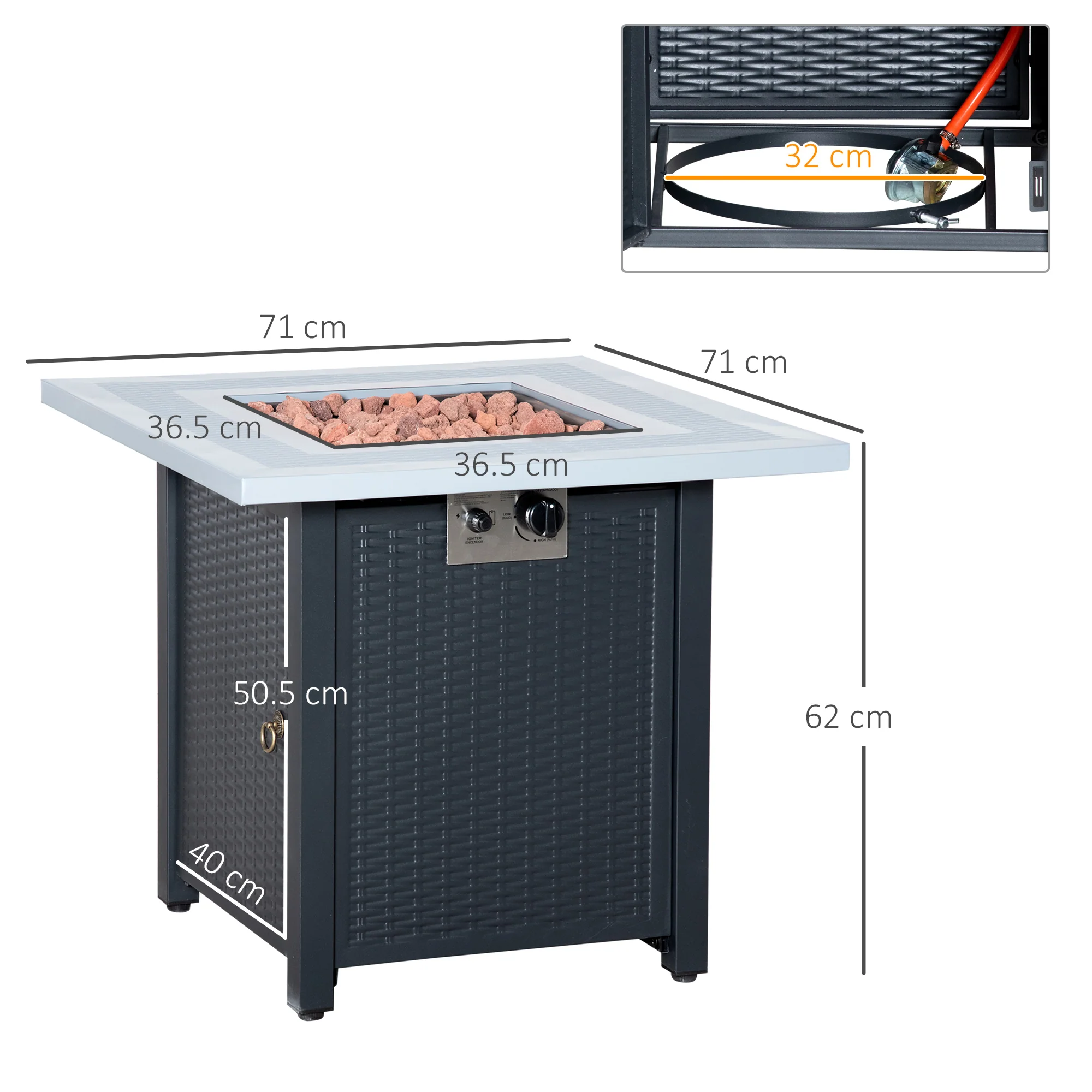 71 x 71 x 62 cm Gas Fire Pit Table, 40000 BTU, Black - Image 5