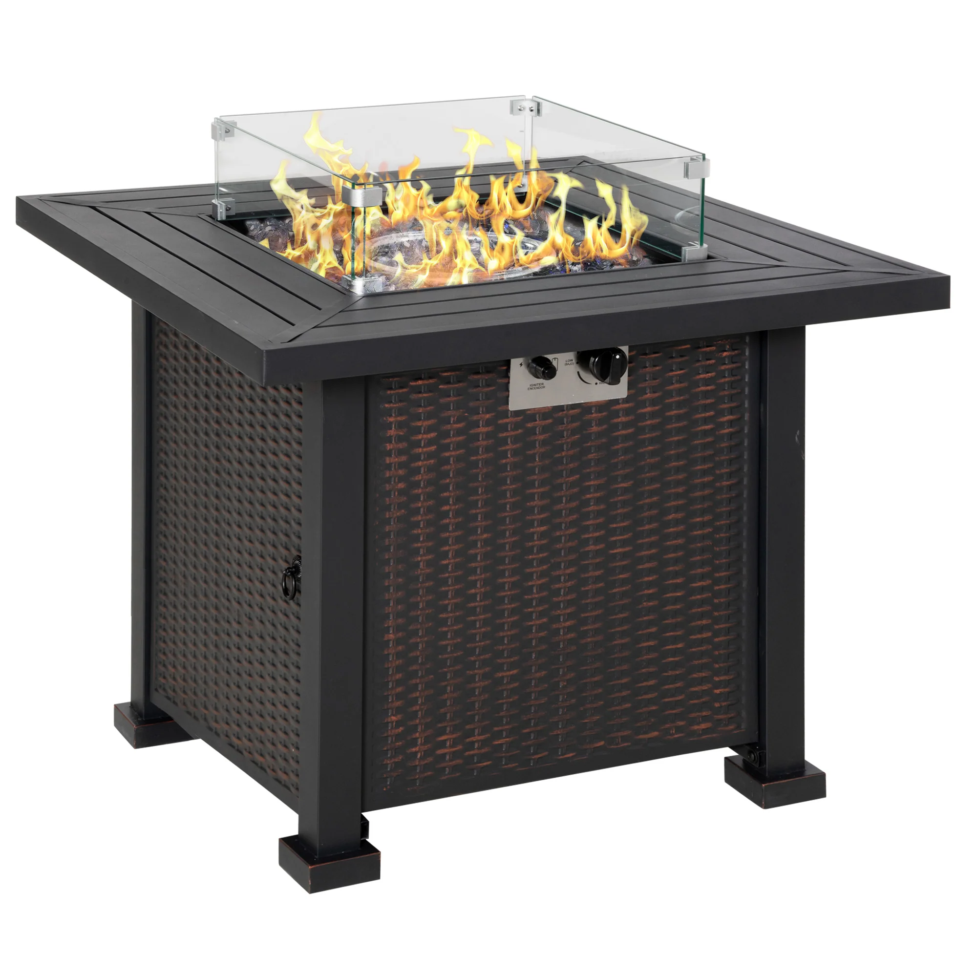 50000 BTU Square Rattan Gas Fire Pit Table w/ Glass Screen, Glass Beads & Lid, 81 x 81 x 64cm, Black