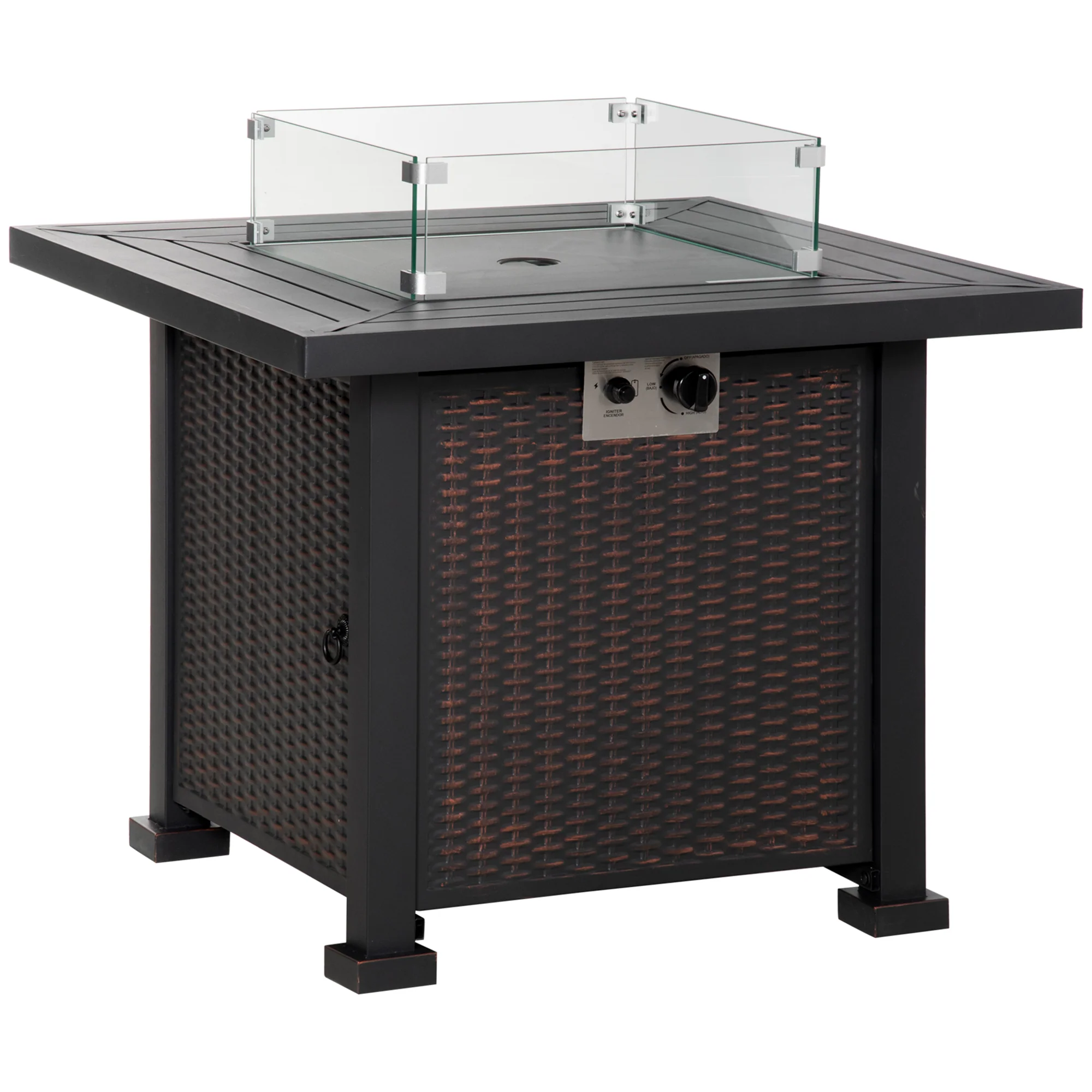 50000 BTU Square Rattan Gas Fire Pit Table w/ Glass Screen, Glass Beads & Lid, 81 x 81 x 64cm, Black - Image 2