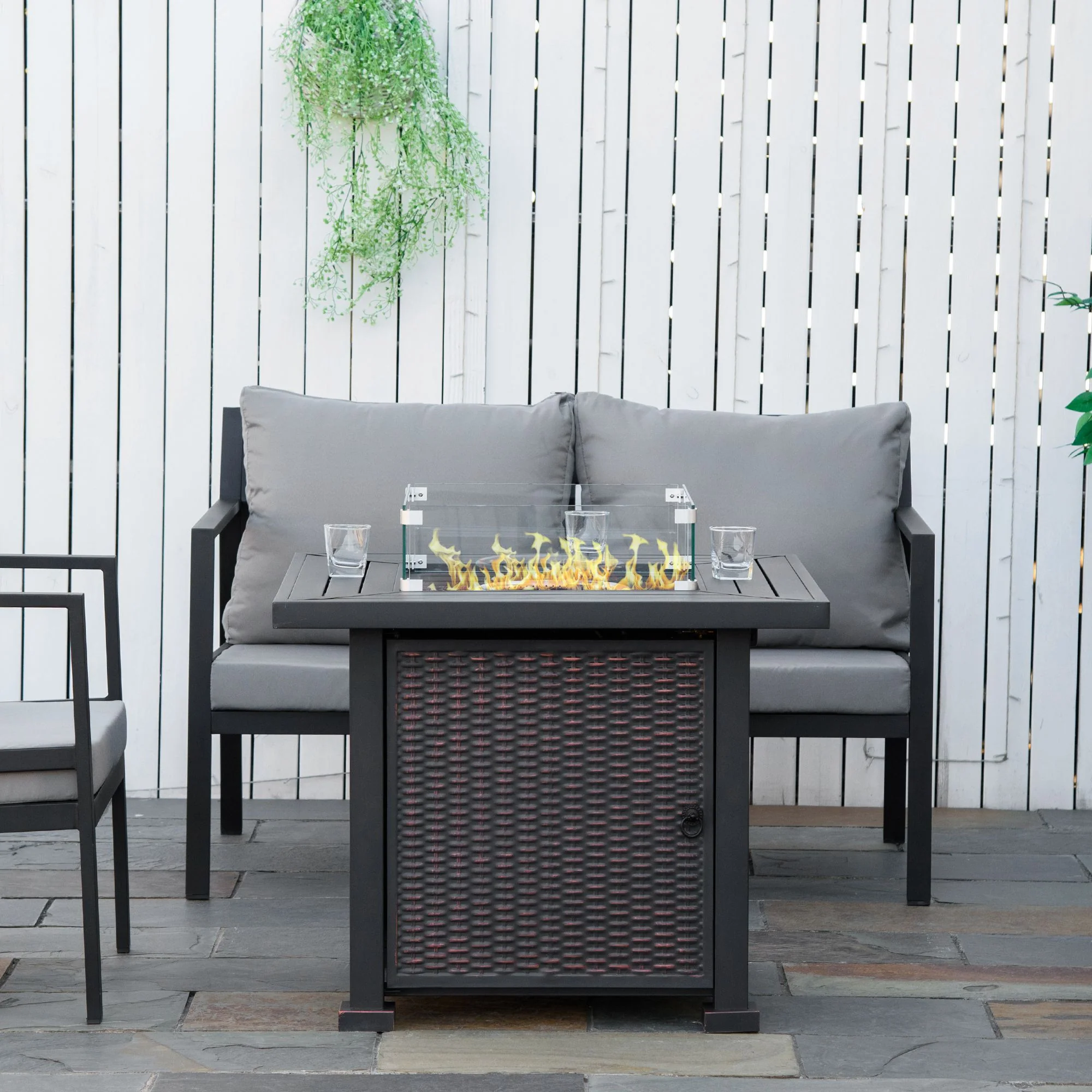 50000 BTU Square Rattan Gas Fire Pit Table w/ Glass Screen, Glass Beads & Lid, 81 x 81 x 64cm, Black - Image 3