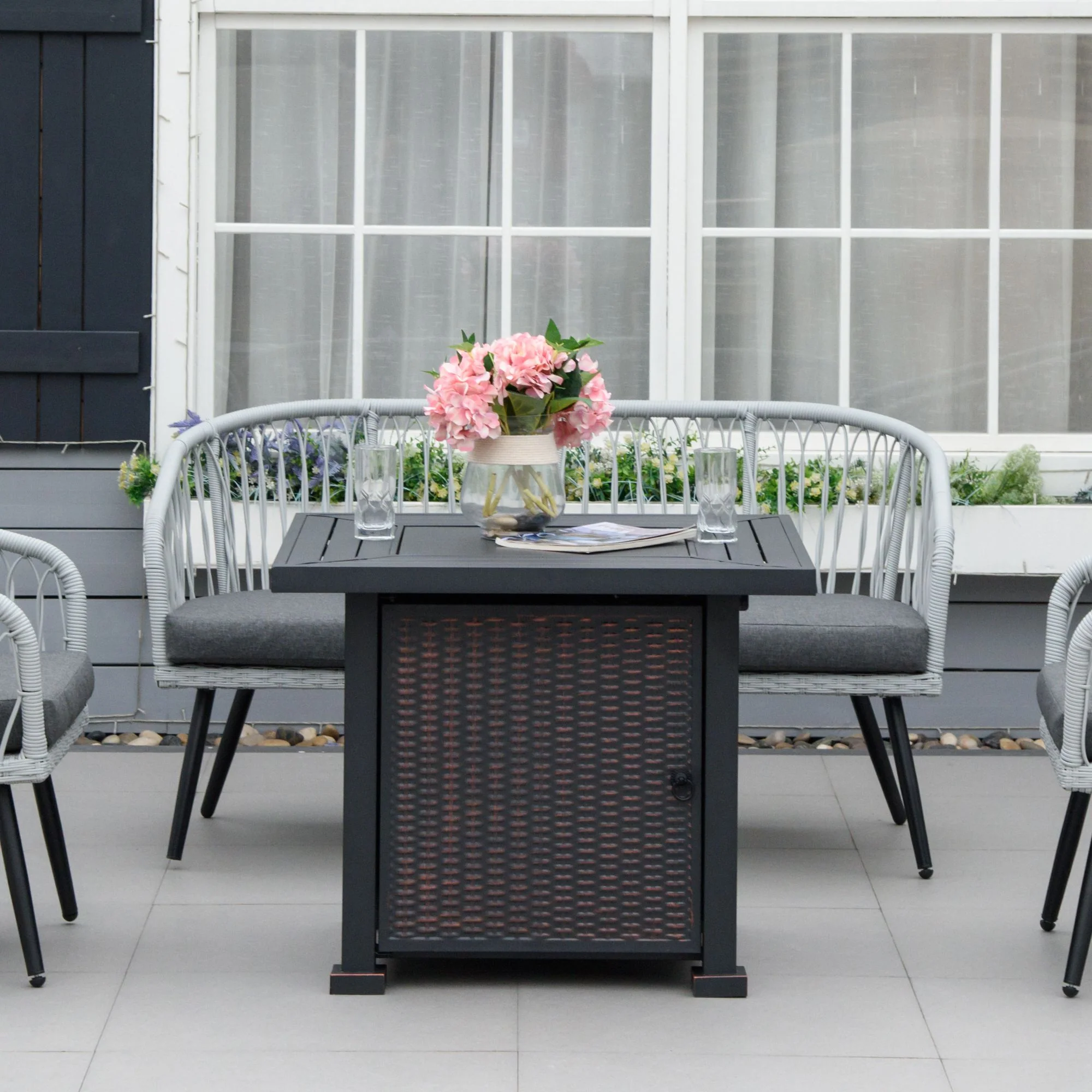 50000 BTU Square Rattan Gas Fire Pit Table w/ Glass Screen, Glass Beads & Lid, 81 x 81 x 64cm, Black - Image 4