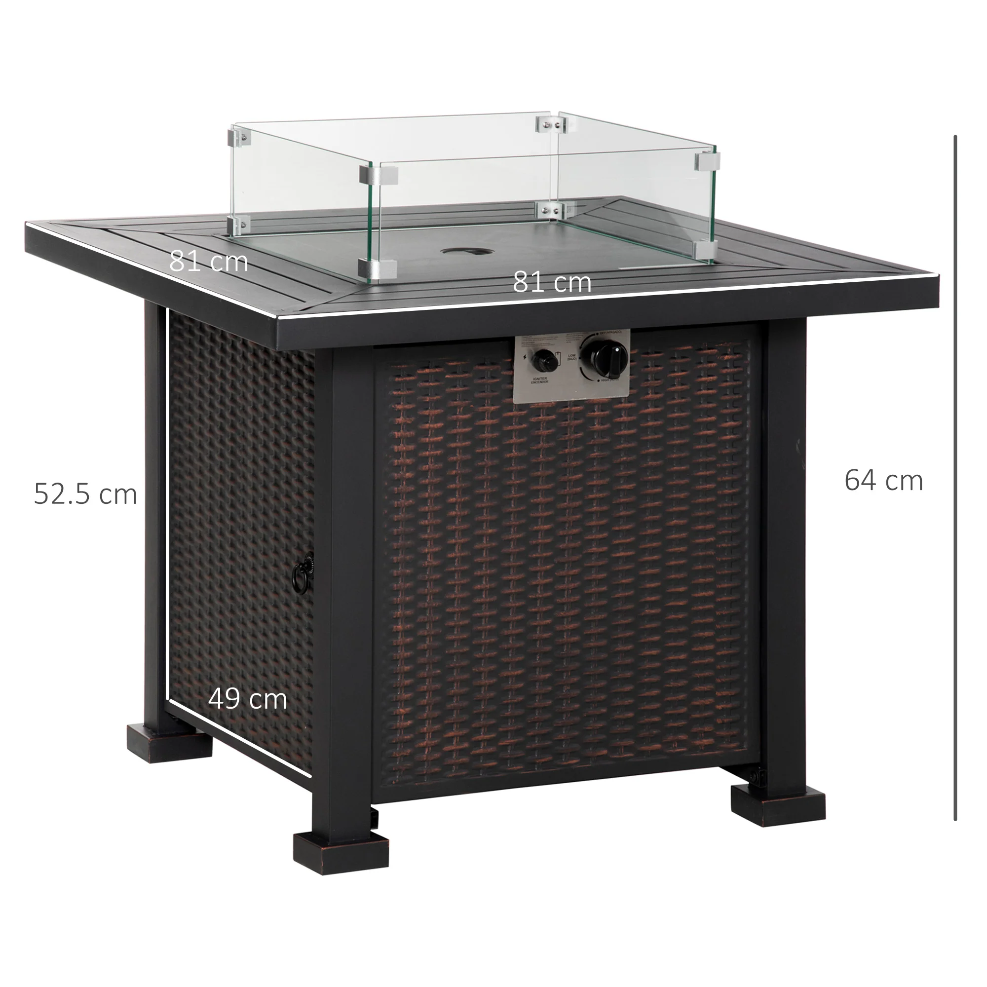 50000 BTU Square Rattan Gas Fire Pit Table w/ Glass Screen, Glass Beads & Lid, 81 x 81 x 64cm, Black - Image 5