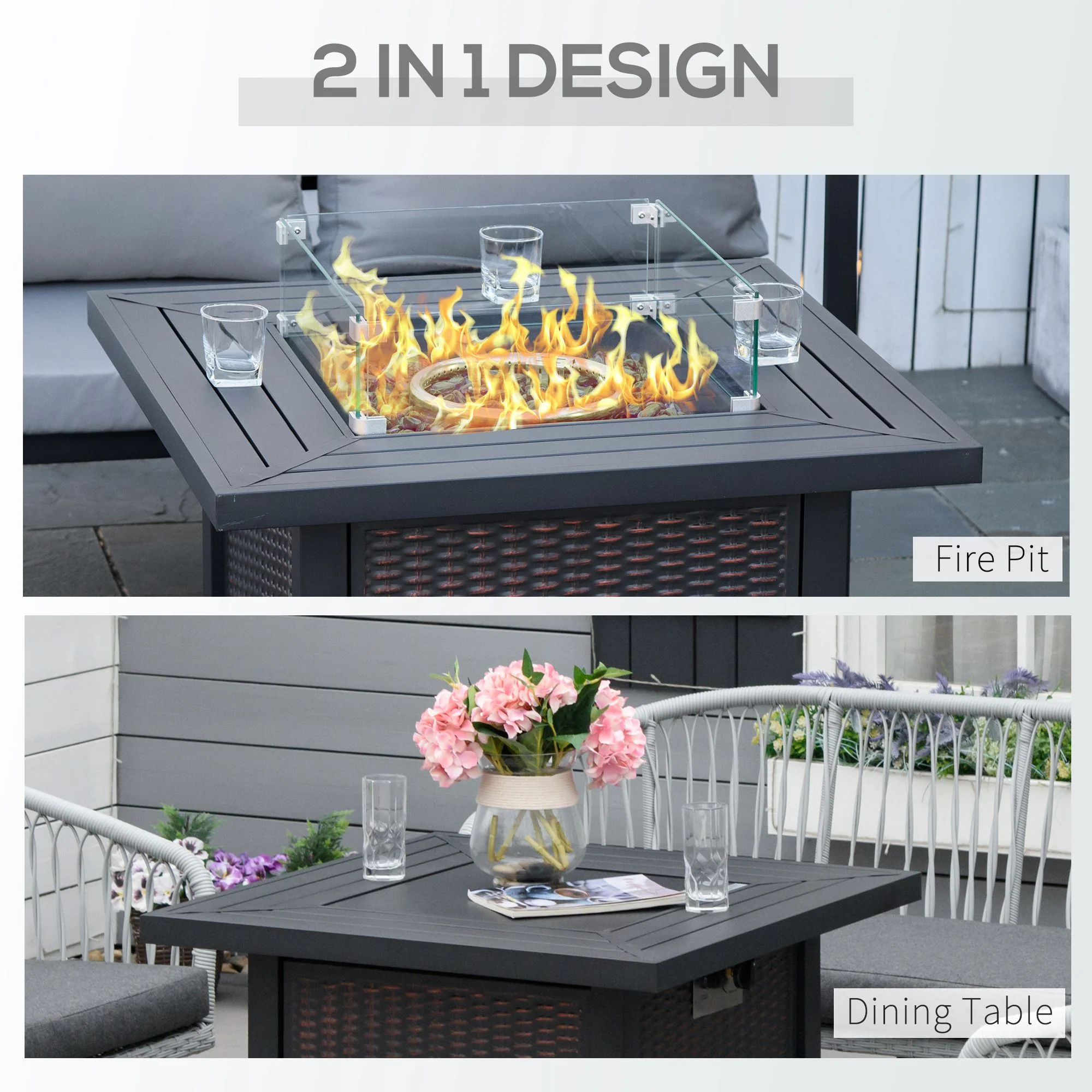 50000 BTU Square Rattan Gas Fire Pit Table w/ Glass Screen, Glass Beads & Lid, 81 x 81 x 64cm, Black - Image 6