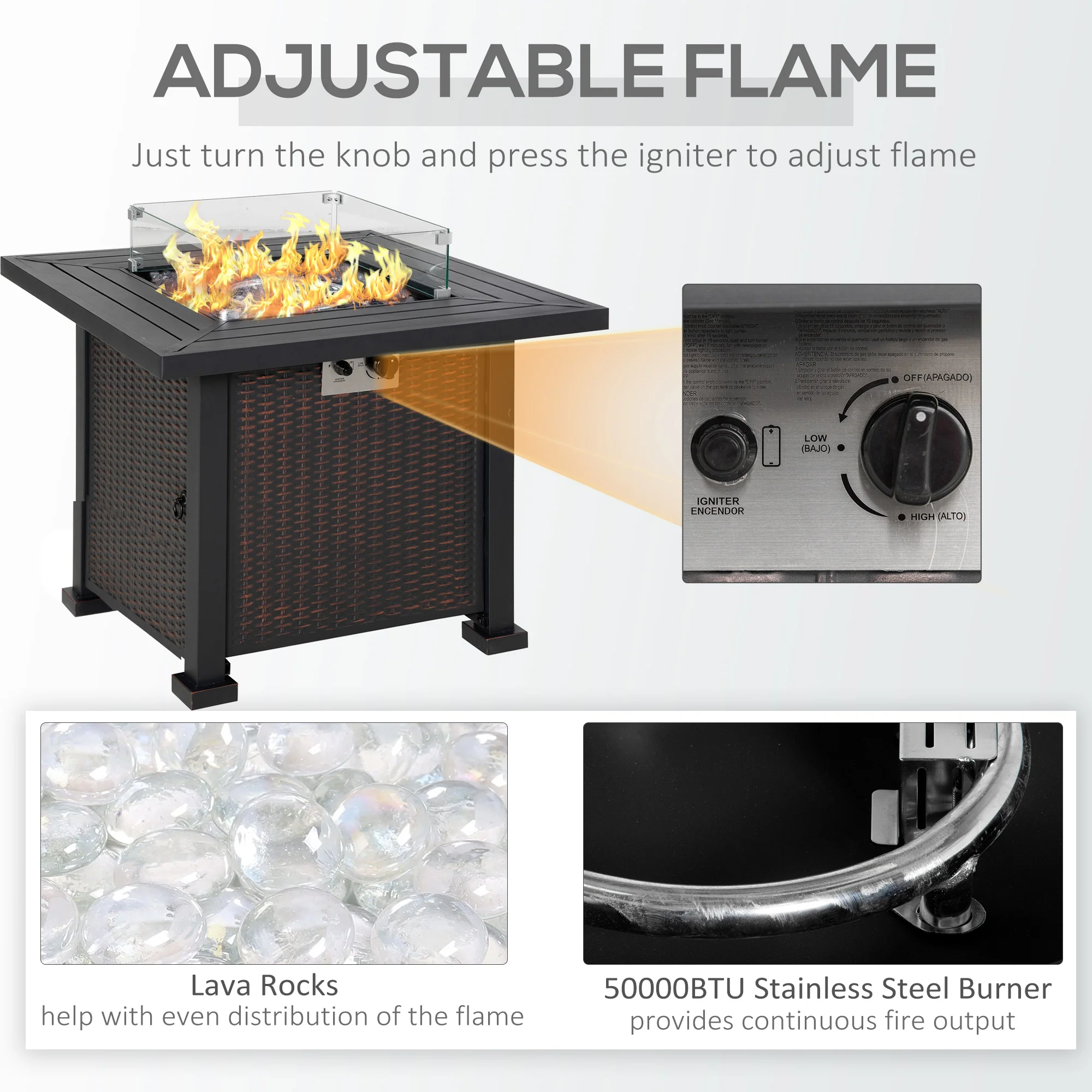 50000 BTU Square Rattan Gas Fire Pit Table w/ Glass Screen, Glass Beads & Lid, 81 x 81 x 64cm, Black - Image 8
