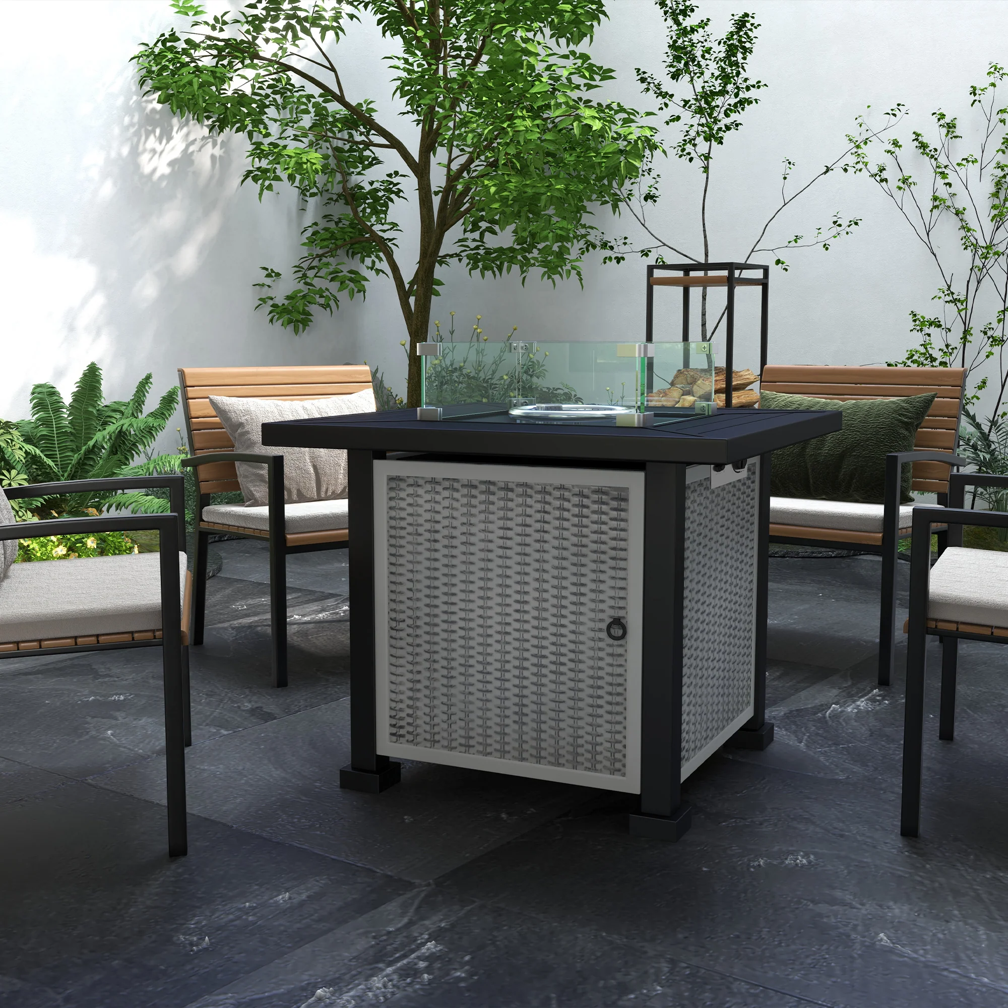 50000 BTU Square Rattan Gas Fire Pit Table w/ Glass Screen, Glass Beads & Lid, 81 x 81 x 64cm, Grey - Image 4
