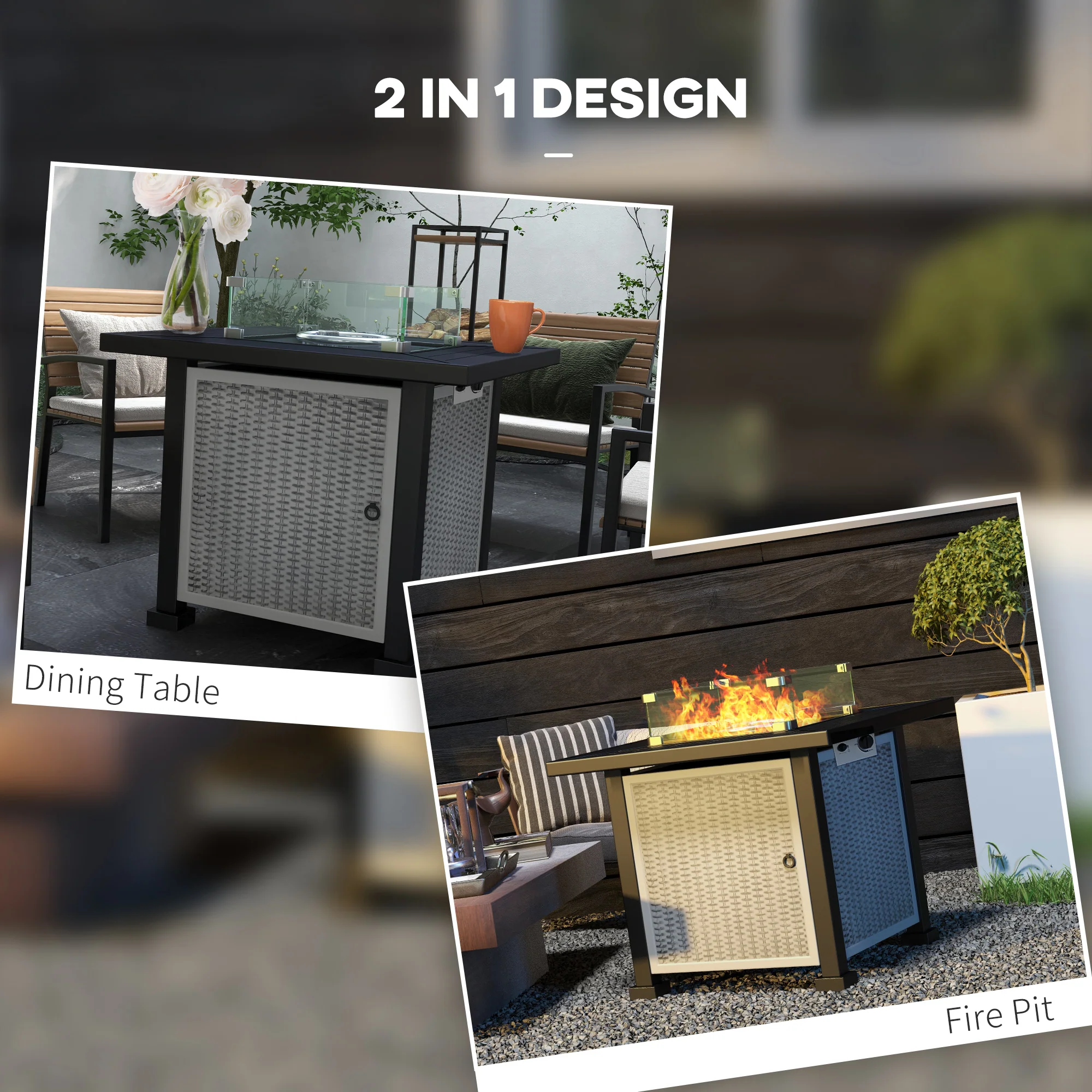 50000 BTU Square Rattan Gas Fire Pit Table w/ Glass Screen, Glass Beads & Lid, 81 x 81 x 64cm, Grey - Image 6