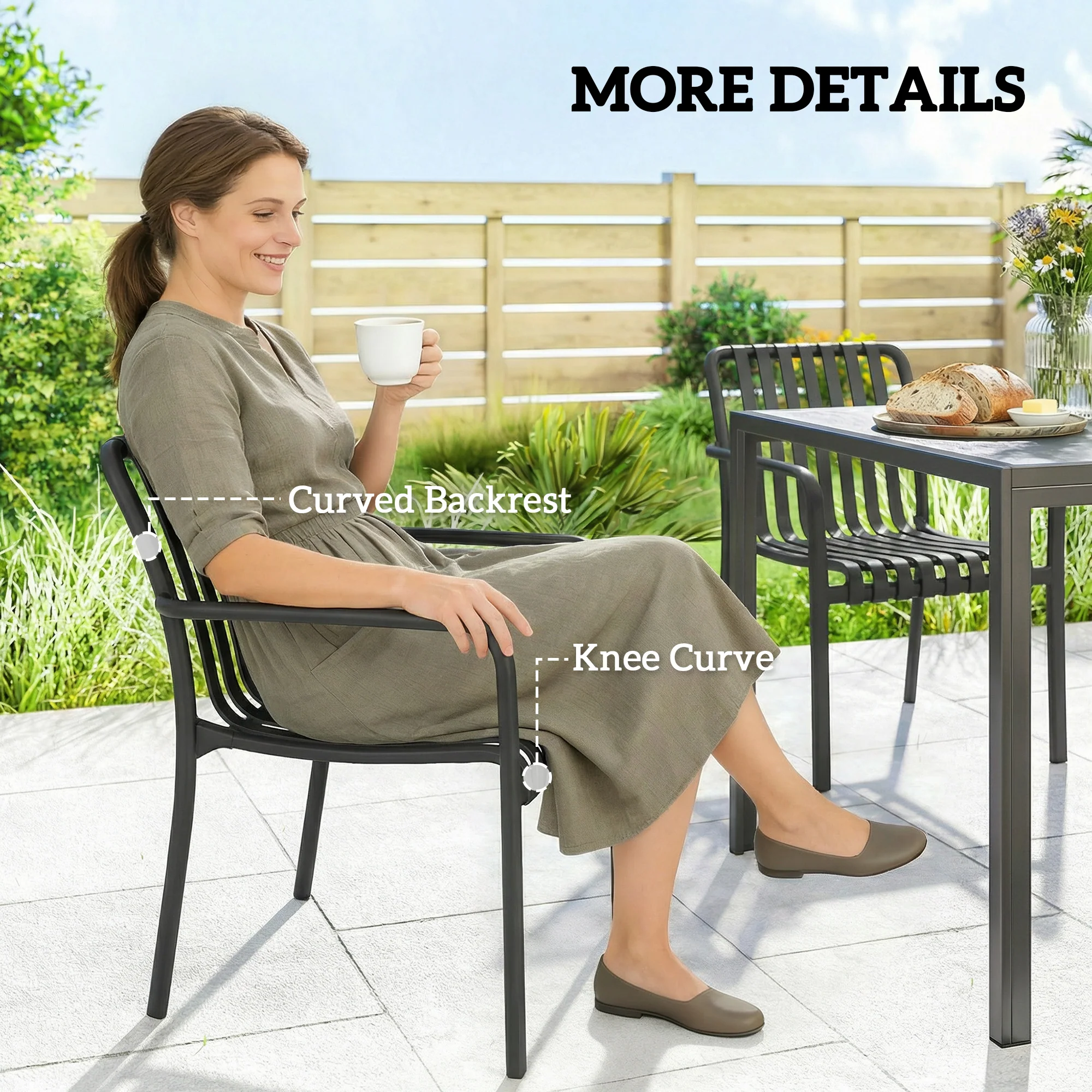 Stackable Patio Dining Chairs 4-Pack, Plastic Curved Back with Armrests, Black - Image 10