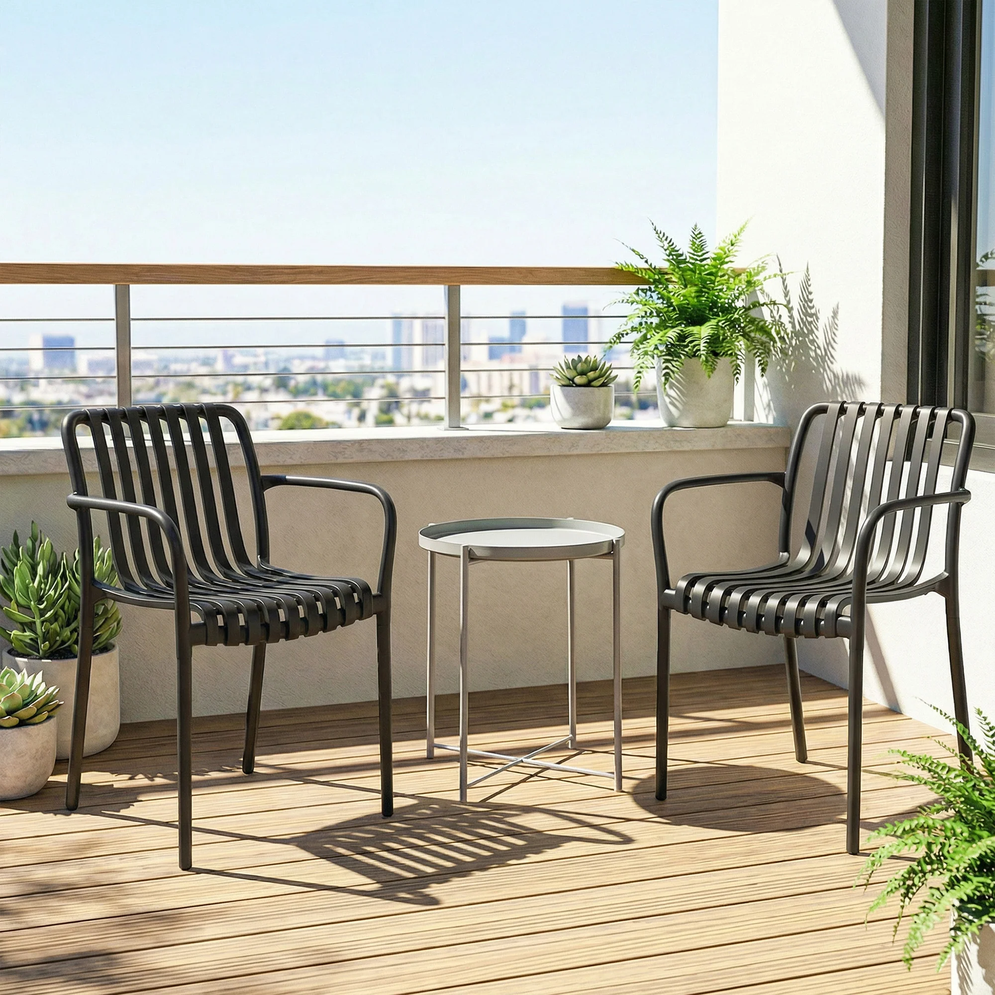 Stackable Patio Dining Chairs 4-Pack, Plastic Curved Back with Armrests, Black - Image 11