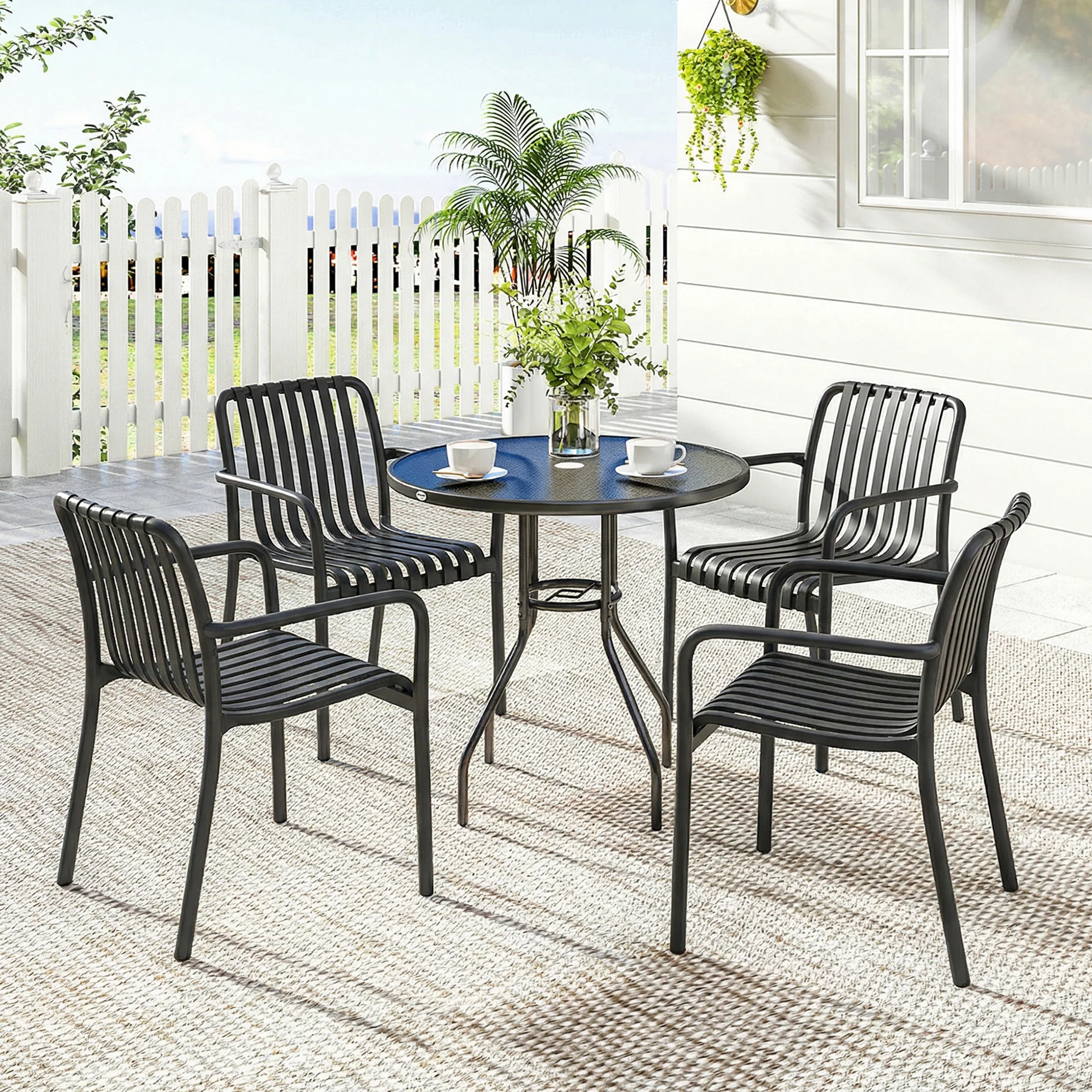 Stackable Patio Dining Chairs 4-Pack, Plastic Curved Back with Armrests, Black - Image 3