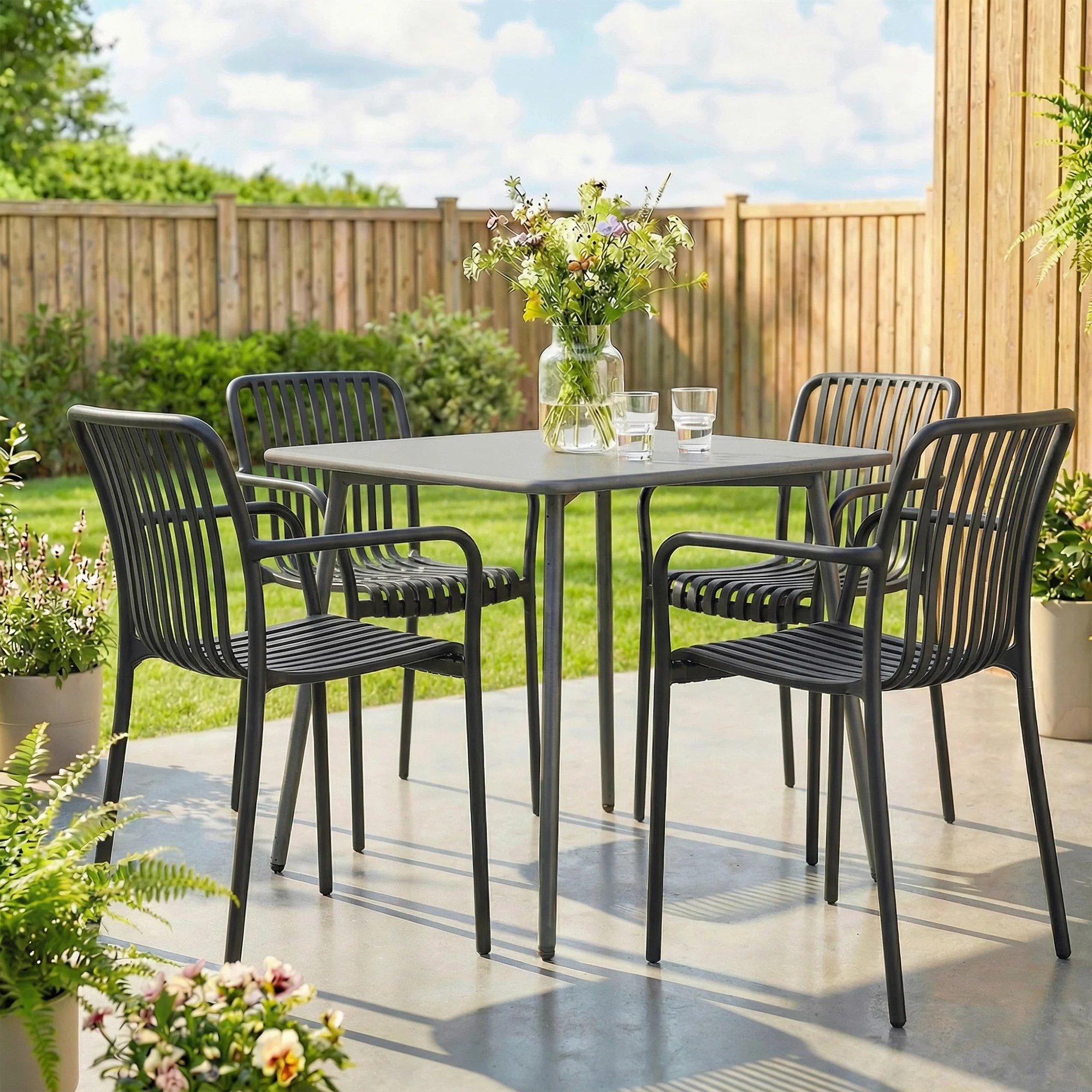 Stackable Patio Dining Chairs 4-Pack, Plastic Curved Back with Armrests, Black - Image 4