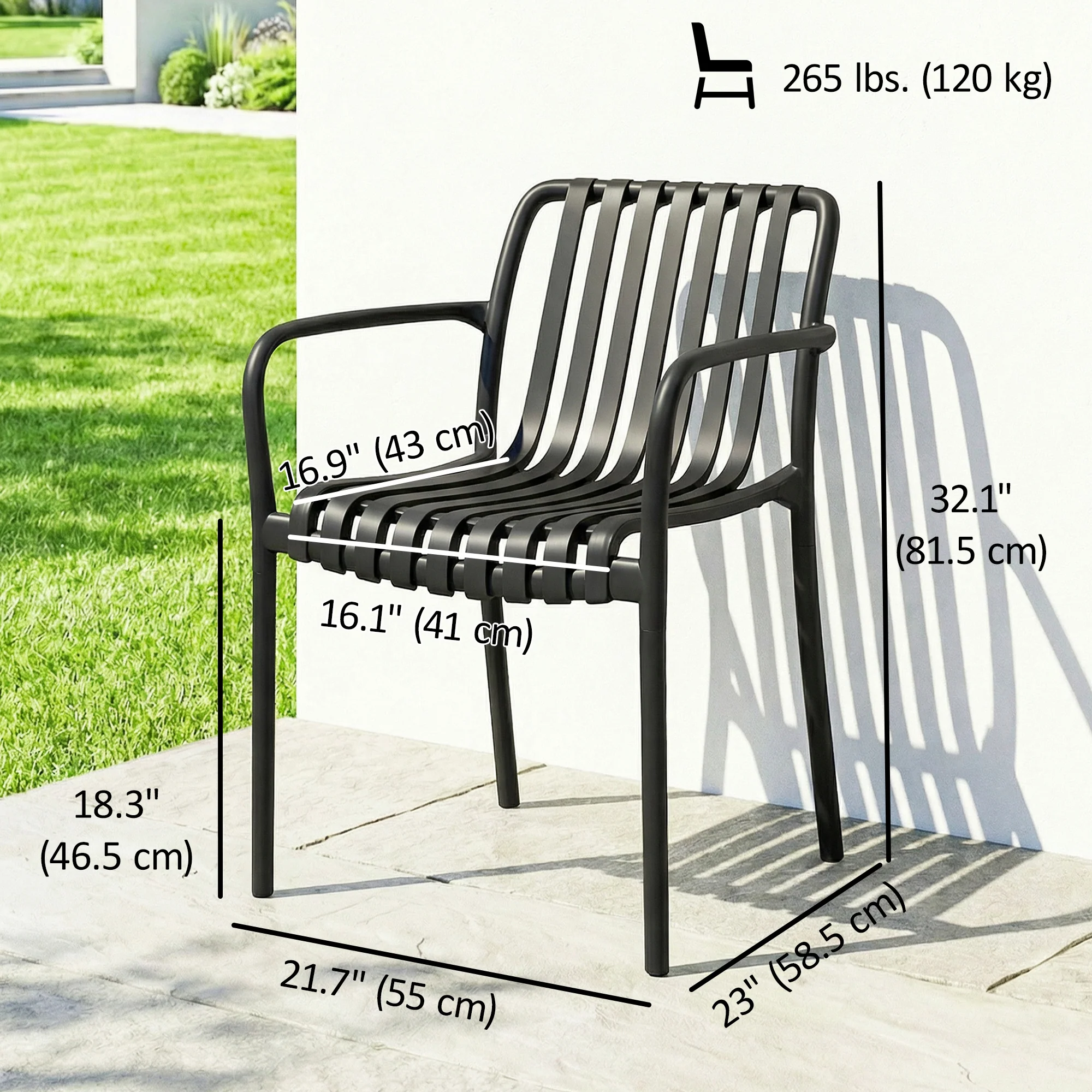 Stackable Patio Dining Chairs 4-Pack, Plastic Curved Back with Armrests, Black - Image 5