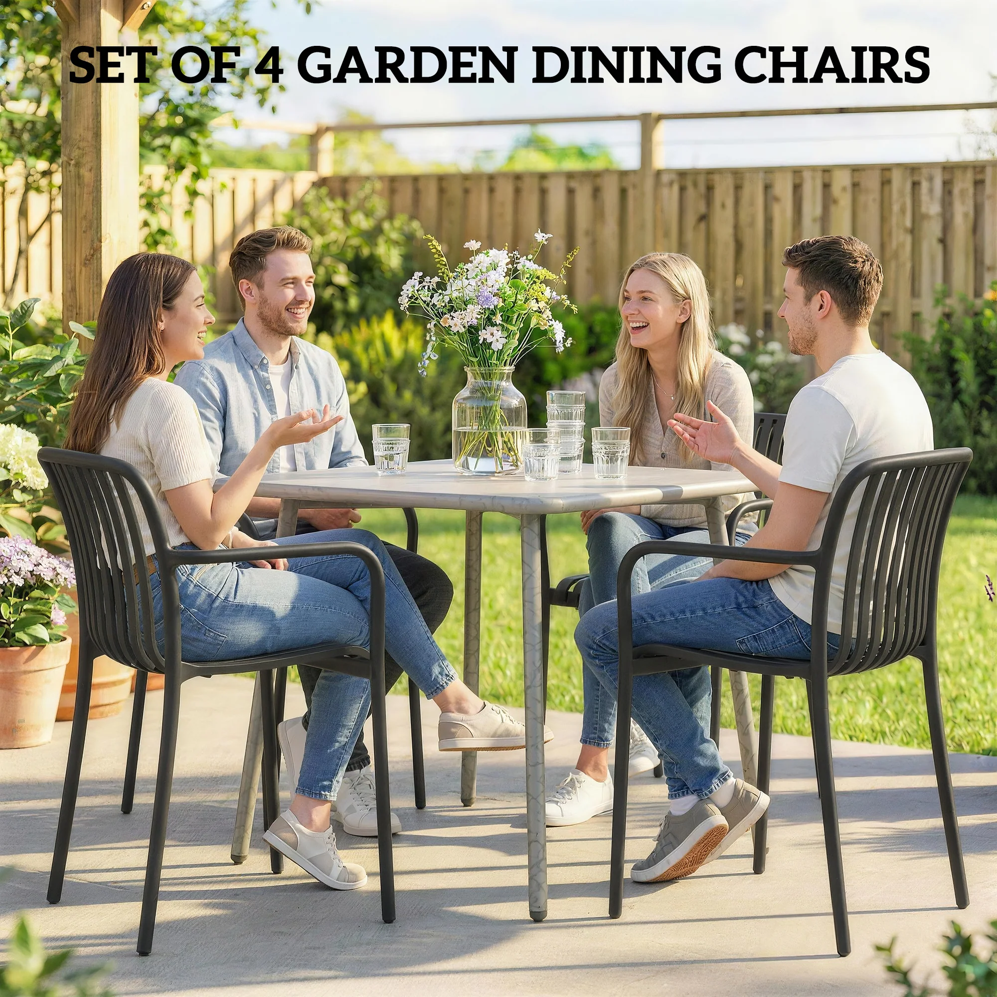 Stackable Patio Dining Chairs 4-Pack, Plastic Curved Back with Armrests, Black - Image 6